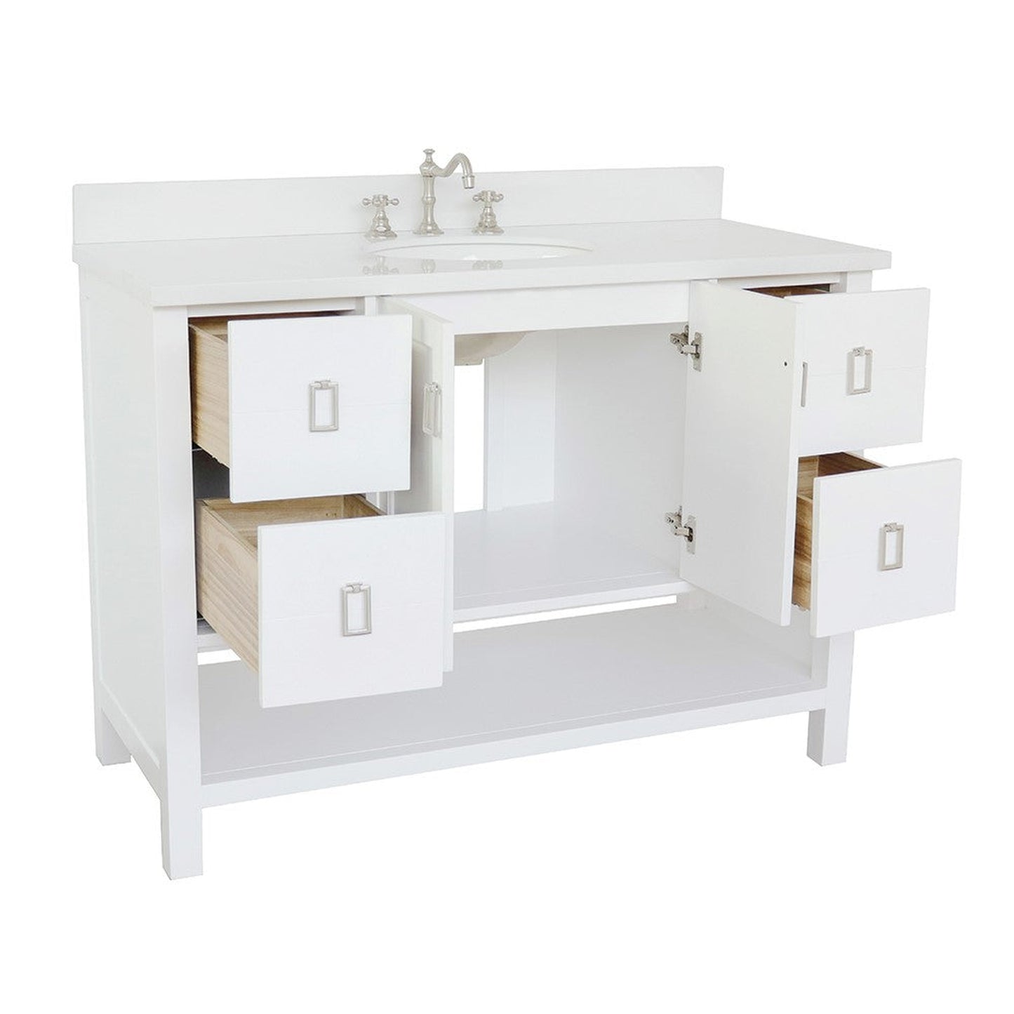 Bellaterra Home Monterey 49" 2-Door 4-Drawer White Freestanding Vanity Set With Ceramic Undermount Oval Sink and White Quartz Top