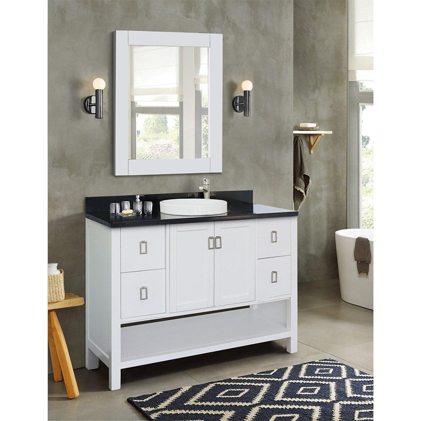 Bellaterra Home Monterey 49" 2-Door 4-Drawer White Freestanding Vanity Set With Ceramic Vessel Sink and Black Galaxy Top