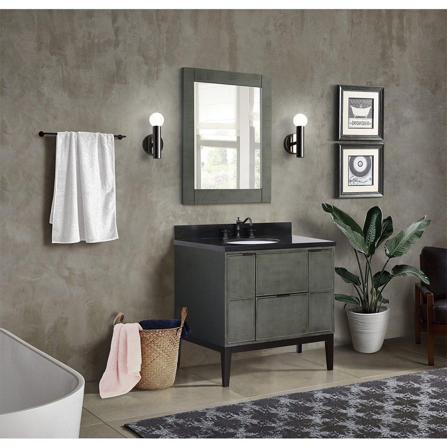 Bellaterra Home Paris 37" 2-Door 1-Drawer Linen Gray Freestanding Vanity Set With Ceramic Undermount Oval Sink and Black Galaxy Top