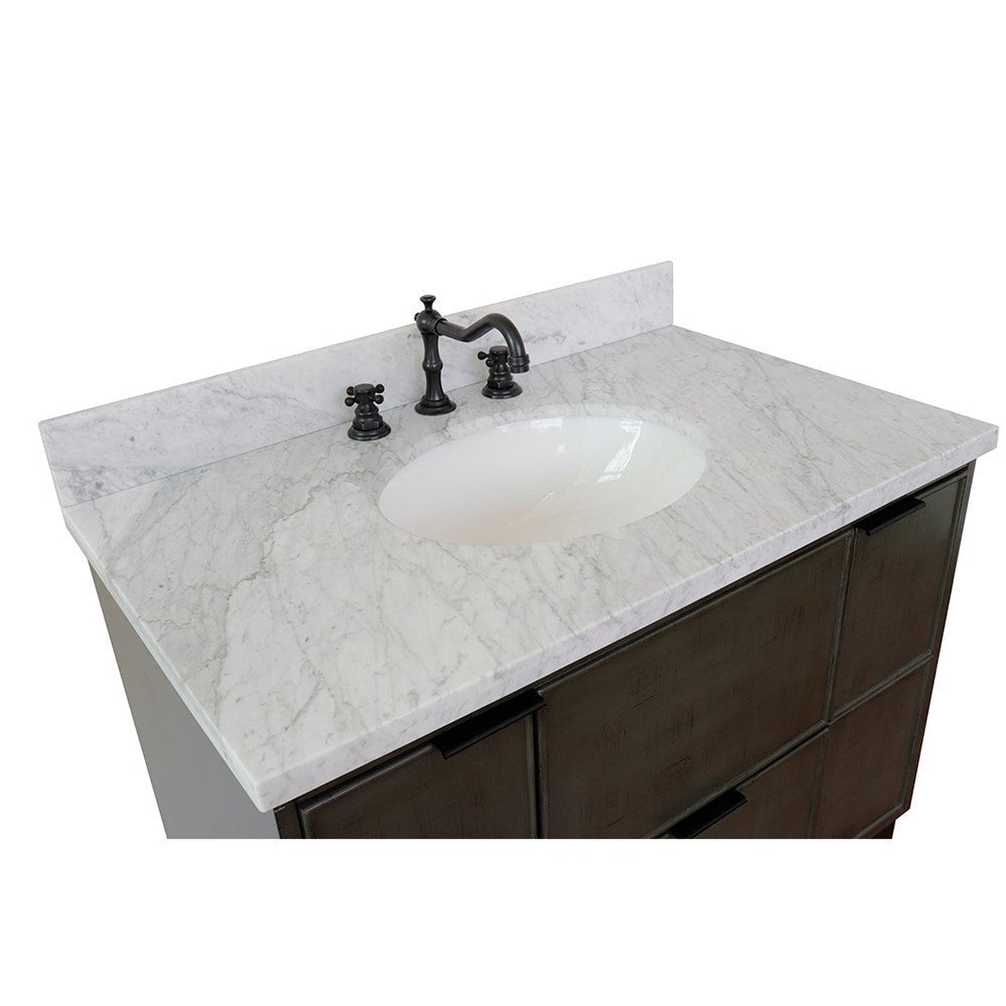 Bellaterra Home Paris 37" 2-Door 1-Drawer Linen Gray Freestanding Vanity Set With Ceramic Undermount Oval Sink and White Carrara Marble Top