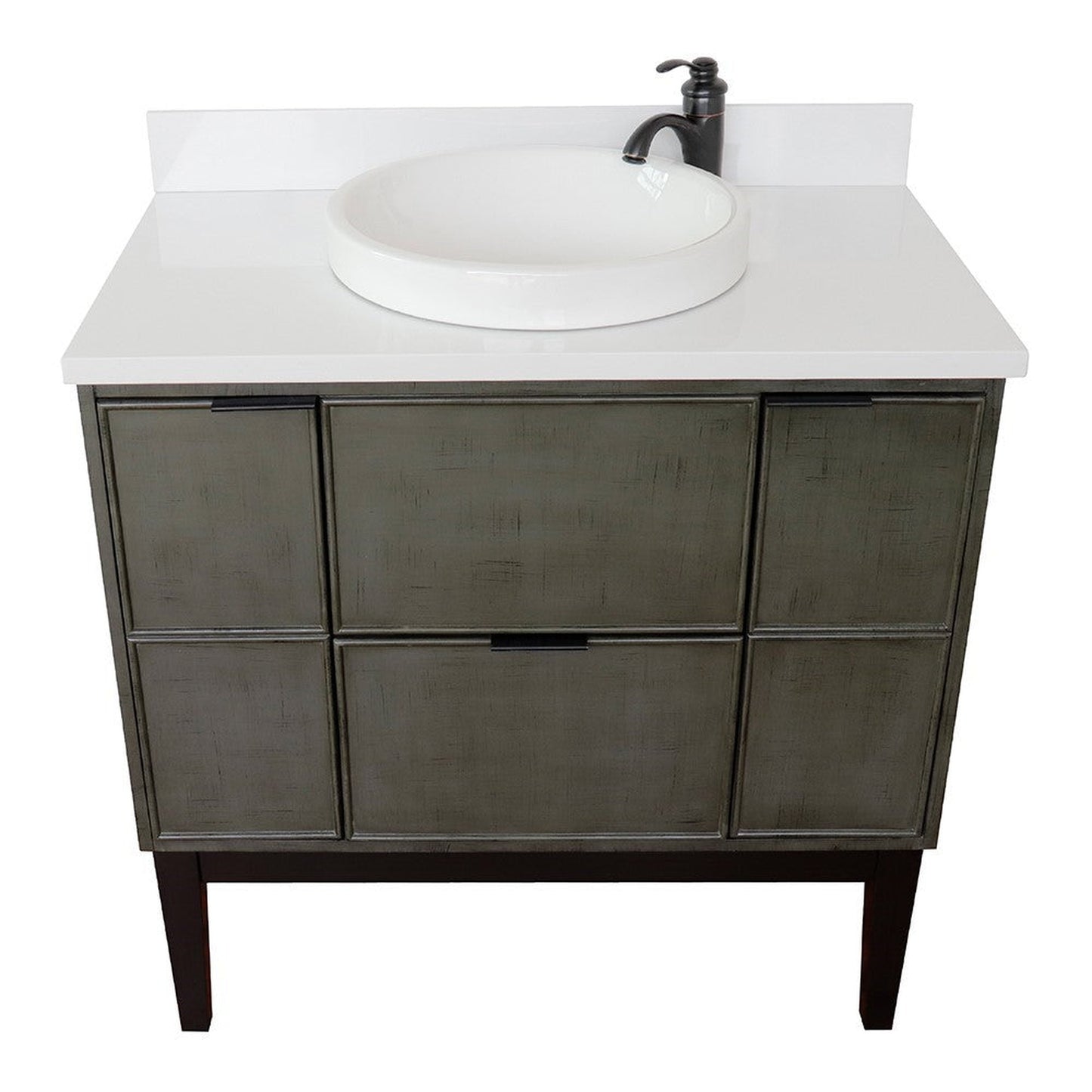 Bellaterra Home Paris 37" 2-Door 1-Drawer Linen Gray Freestanding Vanity Set With Ceramic Vessel Sink and White Quartz Top