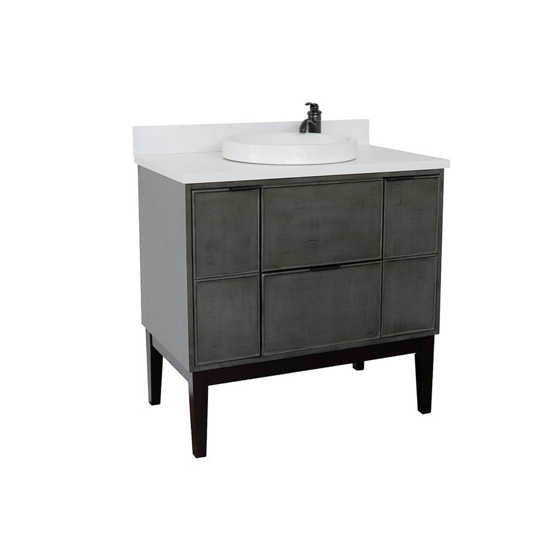 Bellaterra Home Paris 37" 2-Door 1-Drawer Linen Gray Freestanding Vanity Set With Ceramic Vessel Sink and White Quartz Top