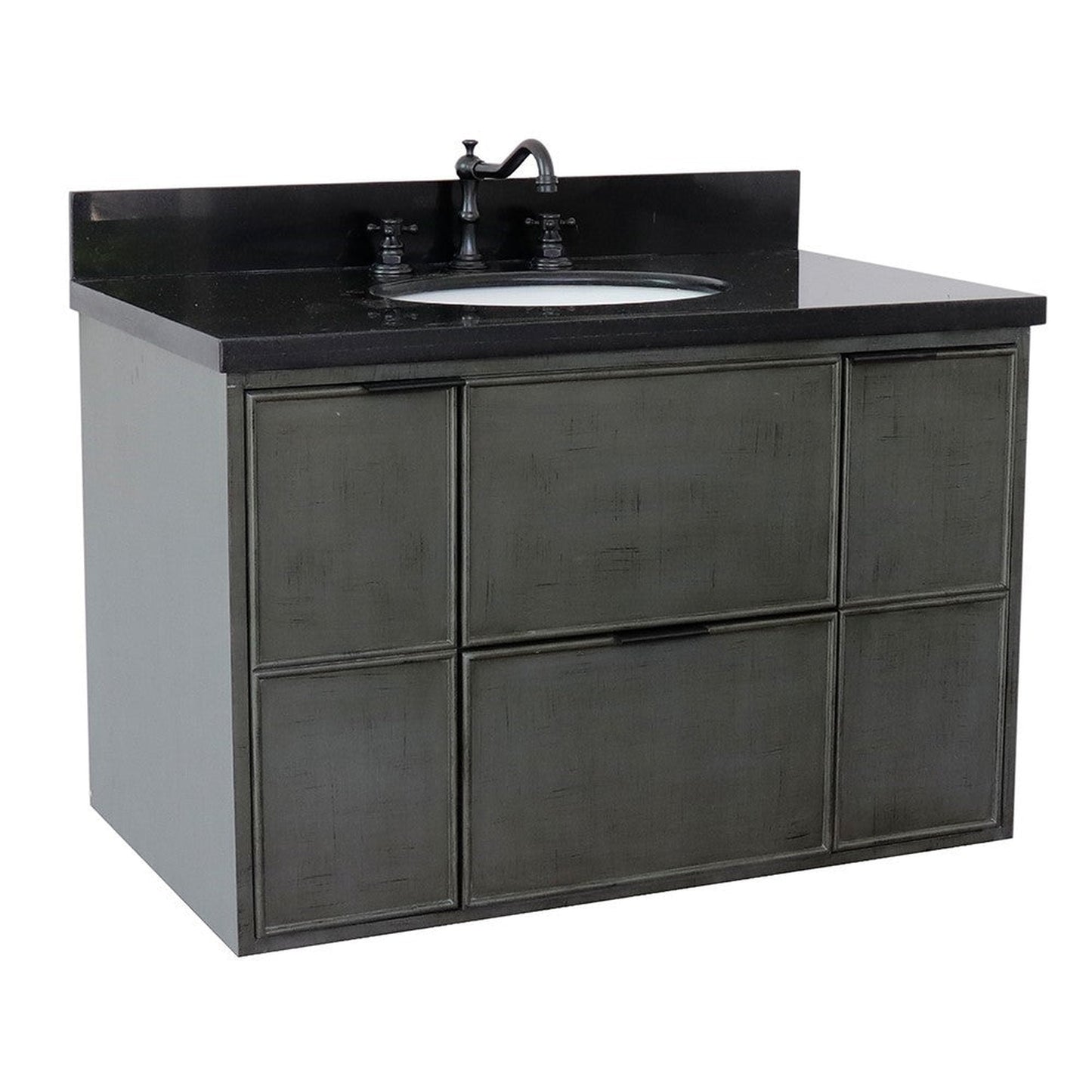 Bellaterra Home Paris 37" 2-Door 1-Drawer Linen Gray Wall-Mount Vanity Set With Ceramic Undermount Oval Sink and Black Galaxy Top