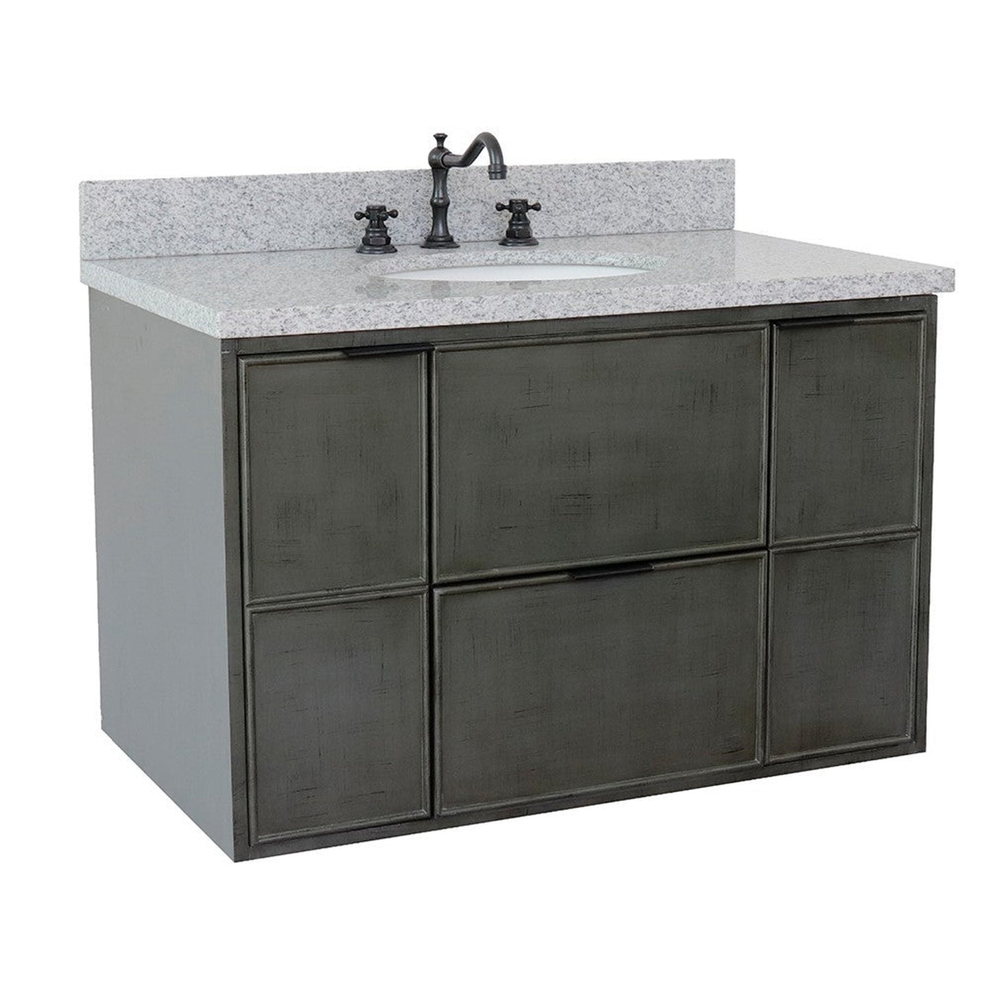 Bellaterra Home Paris 37" 2-Door 1-Drawer Linen Gray Wall-Mount Vanity Set With Ceramic Undermount Oval Sink and Gray Granite Top