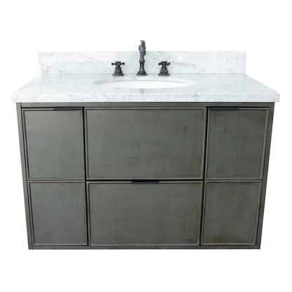 Bellaterra Home Paris 37" 2-Door 1-Drawer Linen Gray Wall-Mount Vanity Set With Ceramic Undermount Oval Sink and White Carrara Marble Top