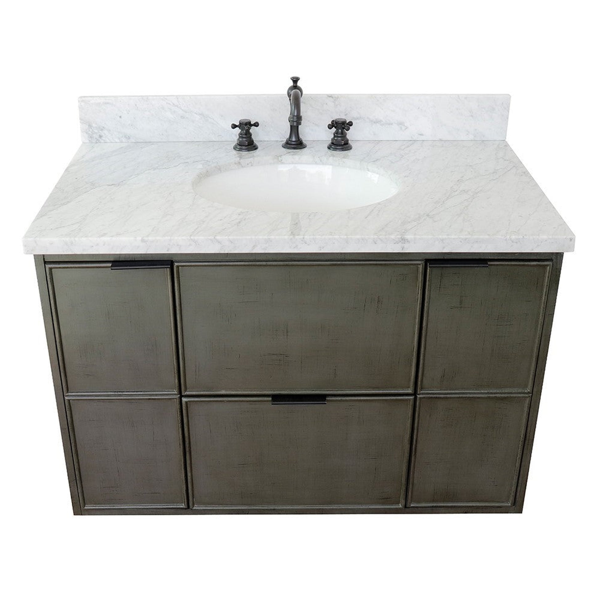 Bellaterra Home Paris 37" 2-Door 1-Drawer Linen Gray Wall-Mount Vanity Set With Ceramic Undermount Oval Sink and White Carrara Marble Top