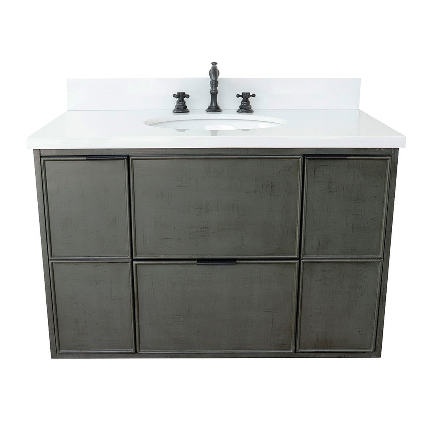 Bellaterra Home Paris 37" 2-Door 1-Drawer Linen Gray Wall-Mount Vanity Set With Ceramic Undermount Oval Sink and White Quartz Top