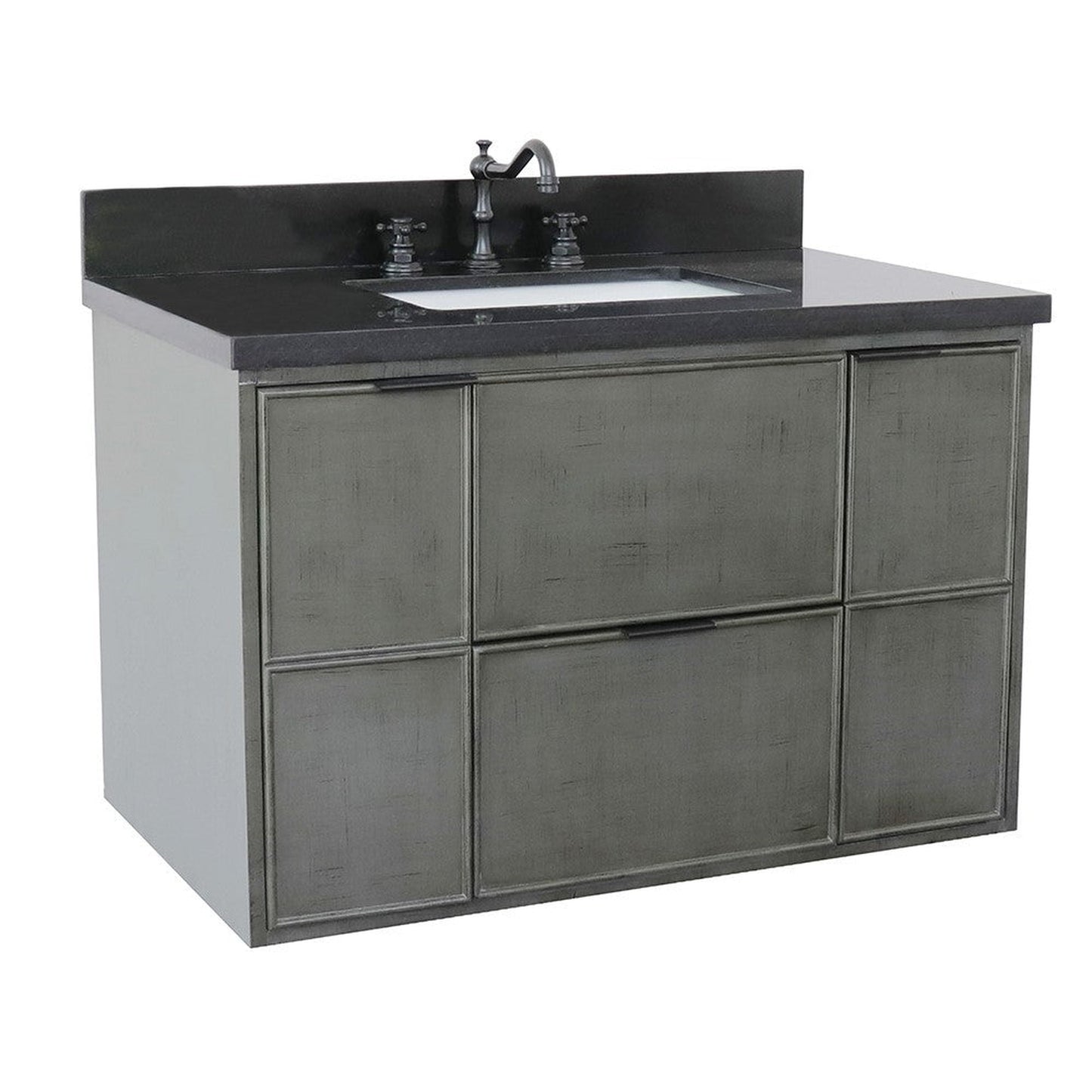 Bellaterra Home Paris 37" 2-Door 1-Drawer Linen Gray Wall-Mount Vanity Set With Ceramic Undermount Rectangular Sink and Black Galaxy Top