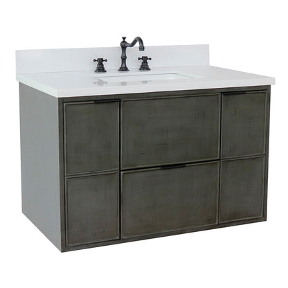 Bellaterra Home Paris 37" 2-Door 1-Drawer Linen Gray Wall-Mount Vanity Set With Ceramic Undermount Rectangular Sink and White Quartz Top