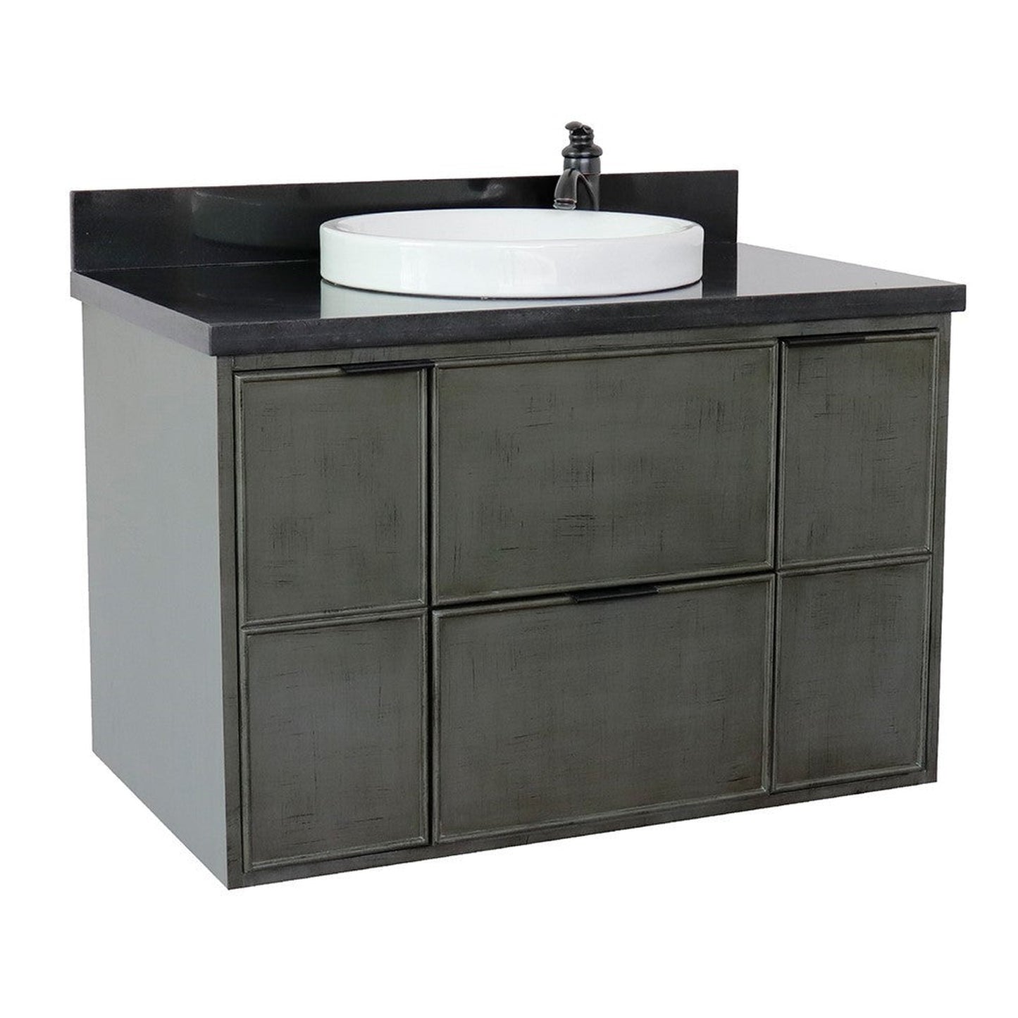 Bellaterra Home Paris 37" 2-Door 1-Drawer Linen Gray Wall-Mount Vanity Set With Ceramic Vessel Sink and Black Galaxy Top