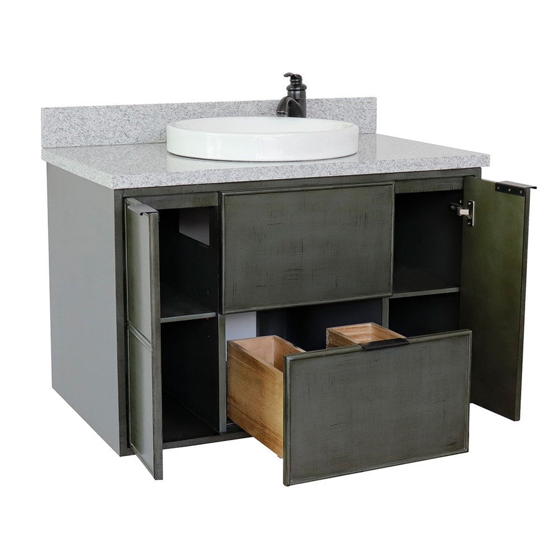 Bellaterra Home Paris 37" 2-Door 1-Drawer Linen Gray Wall-Mount Vanity Set With Ceramic Vessel Sink and Gray Granite Top