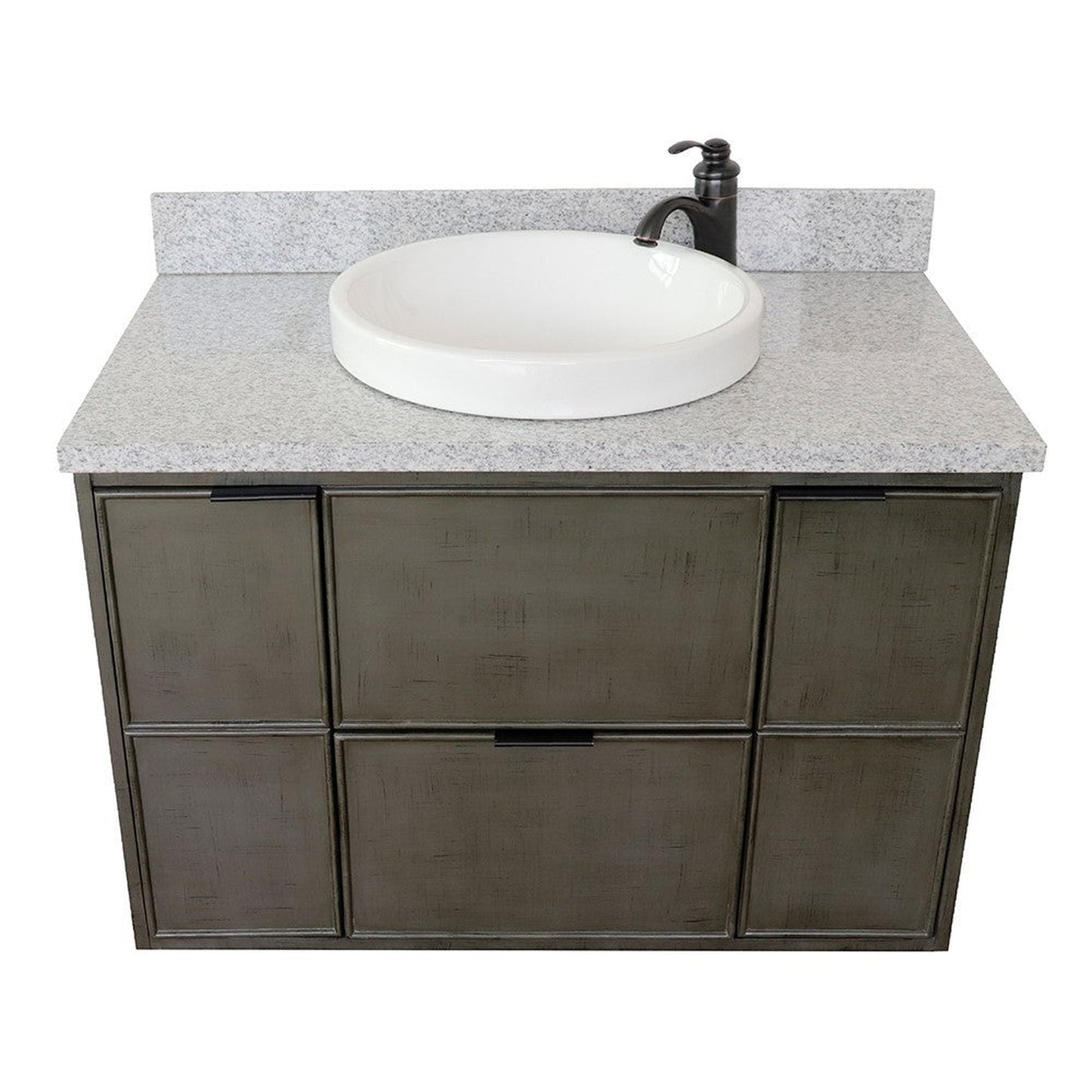 Bellaterra Home Paris 37" 2-Door 1-Drawer Linen Gray Wall-Mount Vanity Set With Ceramic Vessel Sink and Gray Granite Top