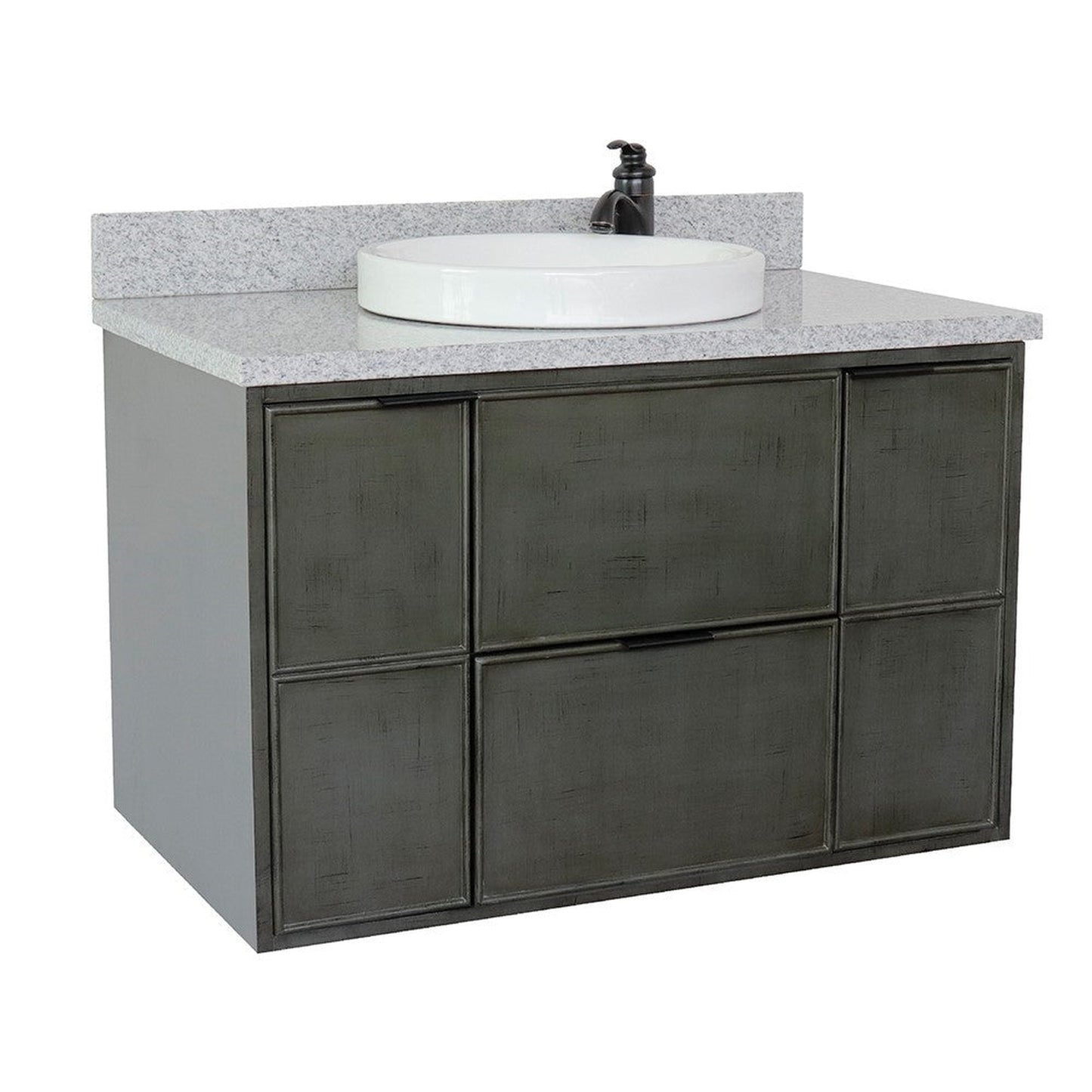 Bellaterra Home Paris 37" 2-Door 1-Drawer Linen Gray Wall-Mount Vanity Set With Ceramic Vessel Sink and Gray Granite Top