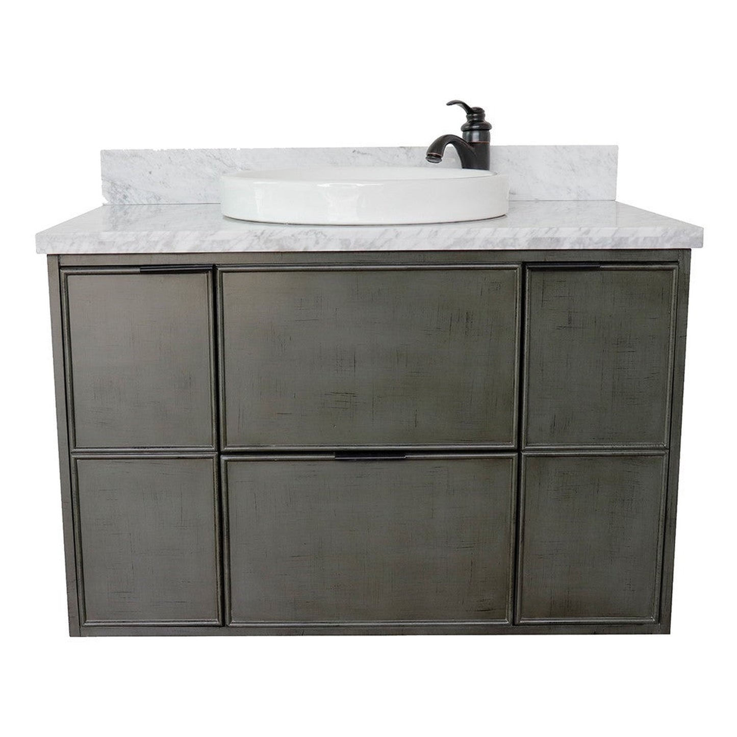 Bellaterra Home Paris 37" 2-Door 1-Drawer Linen Gray Wall-Mount Vanity Set With Ceramic Vessel Sink and White Carrara Marble Top