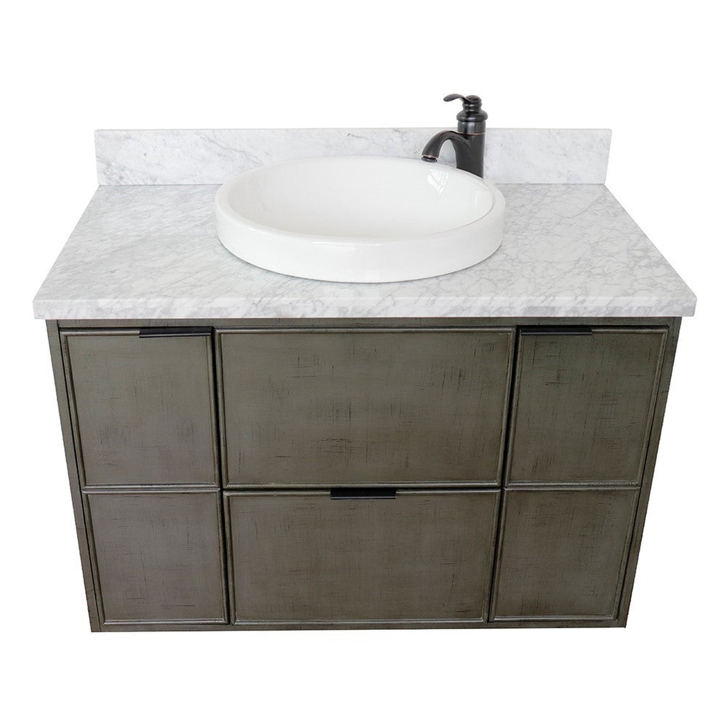 Bellaterra Home Paris 37" 2-Door 1-Drawer Linen Gray Wall-Mount Vanity Set With Ceramic Vessel Sink and White Carrara Marble Top