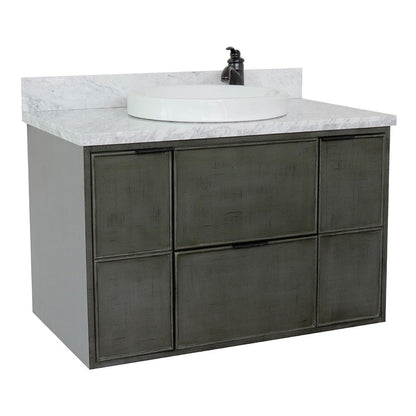 Bellaterra Home Paris 37" 2-Door 1-Drawer Linen Gray Wall-Mount Vanity Set With Ceramic Vessel Sink and White Carrara Marble Top