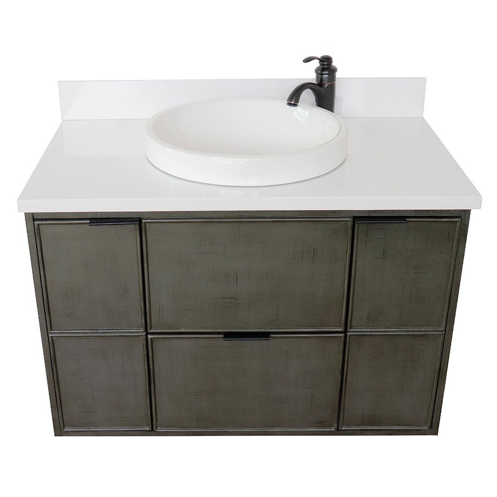 Bellaterra Home Paris 37" 2-Door 1-Drawer Linen Gray Wall-Mount Vanity Set With Ceramic Vessel Sink and White Quartz Top