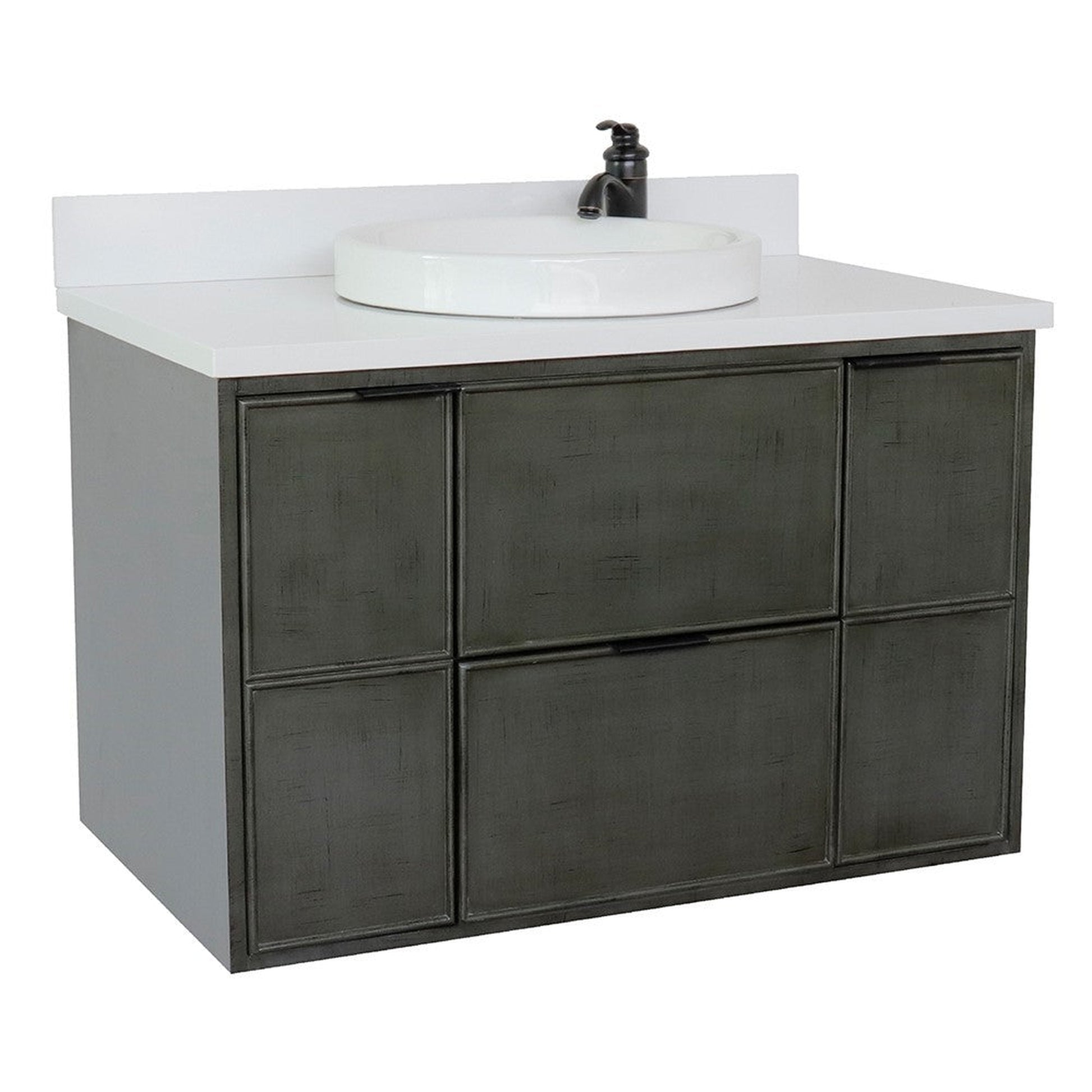 Bellaterra Home Paris 37" 2-Door 1-Drawer Linen Gray Wall-Mount Vanity Set With Ceramic Vessel Sink and White Quartz Top