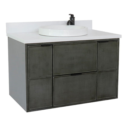 Bellaterra Home Paris 37" 2-Door 1-Drawer Linen Gray Wall-Mount Vanity Set With Ceramic Vessel Sink and White Quartz Top