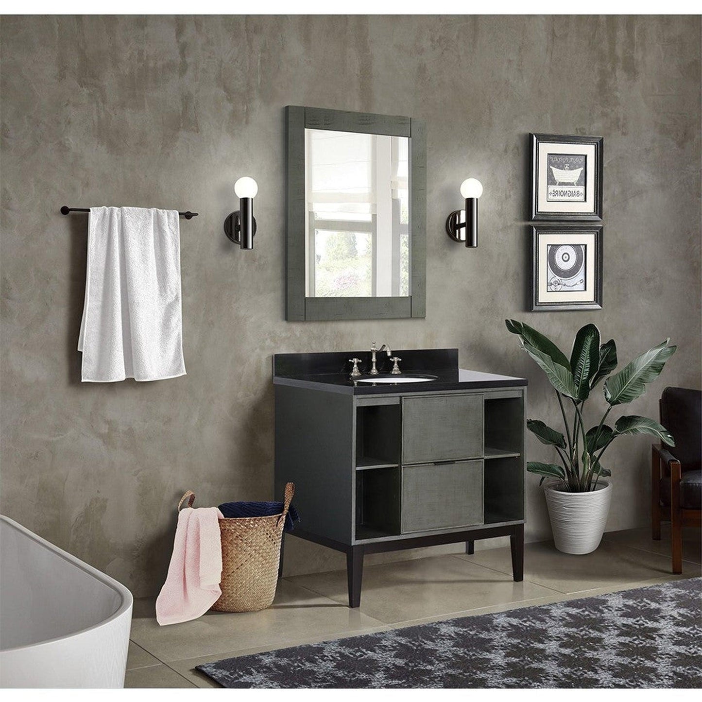 Bellaterra Home Paris Exposed 37" 1-Drawer Linen Gray Freestanding Vanity Set With Ceramic Undermount Oval Sink and Black Galaxy Top