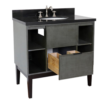 Bellaterra Home Paris Exposed 37" 1-Drawer Linen Gray Freestanding Vanity Set With Ceramic Undermount Oval Sink and Black Galaxy Top