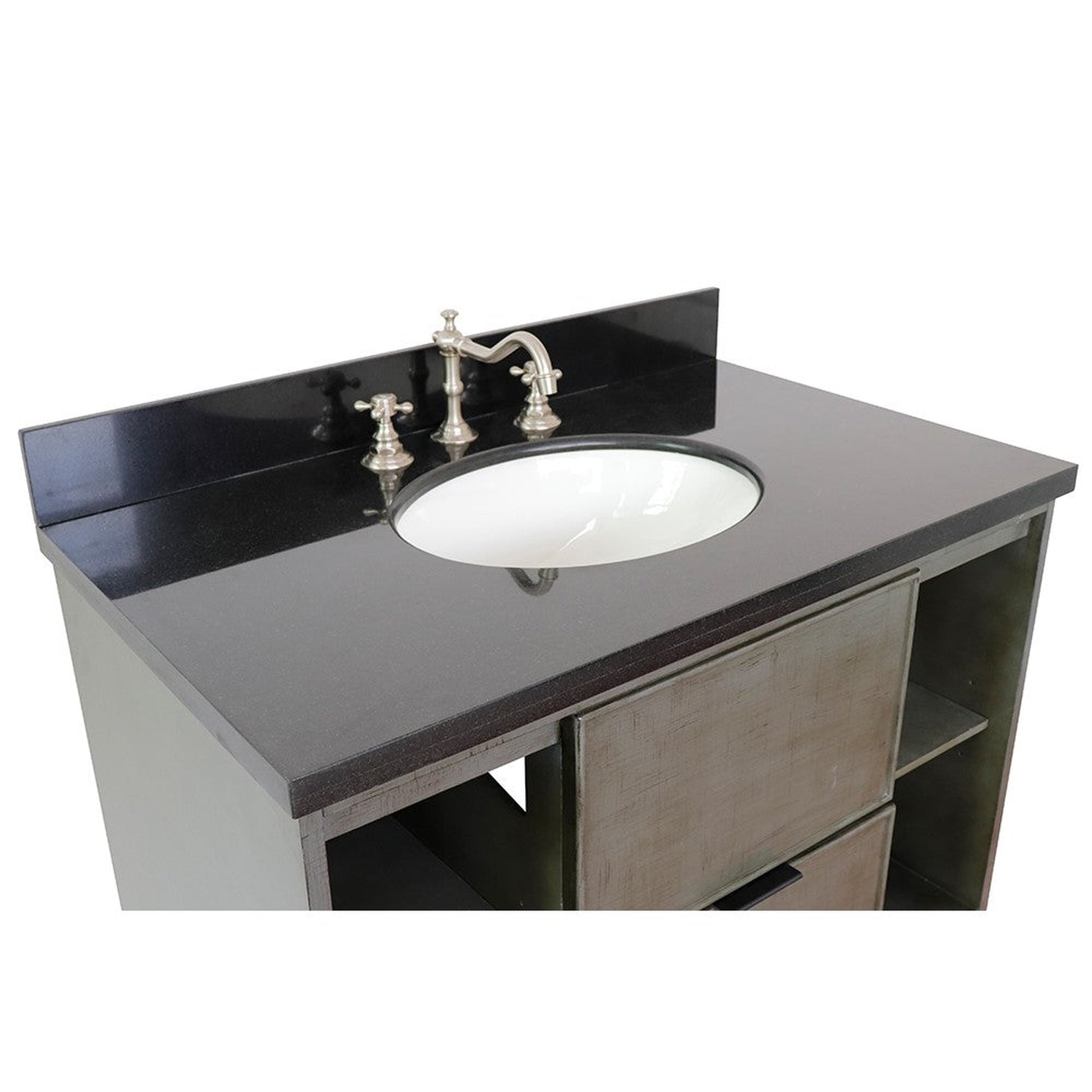 Bellaterra Home Paris Exposed 37" 1-Drawer Linen Gray Freestanding Vanity Set With Ceramic Undermount Oval Sink and Black Galaxy Top
