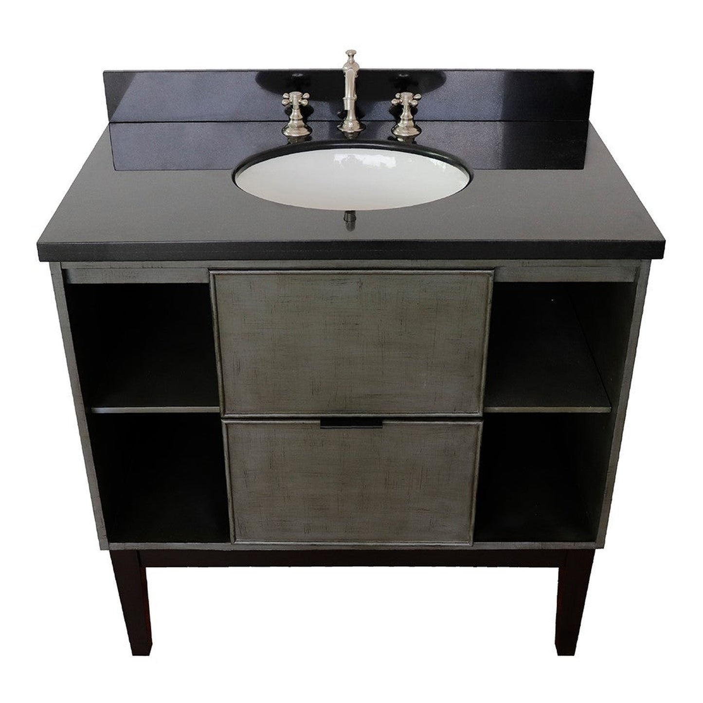 Bellaterra Home Paris Exposed 37" 1-Drawer Linen Gray Freestanding Vanity Set With Ceramic Undermount Oval Sink and Black Galaxy Top