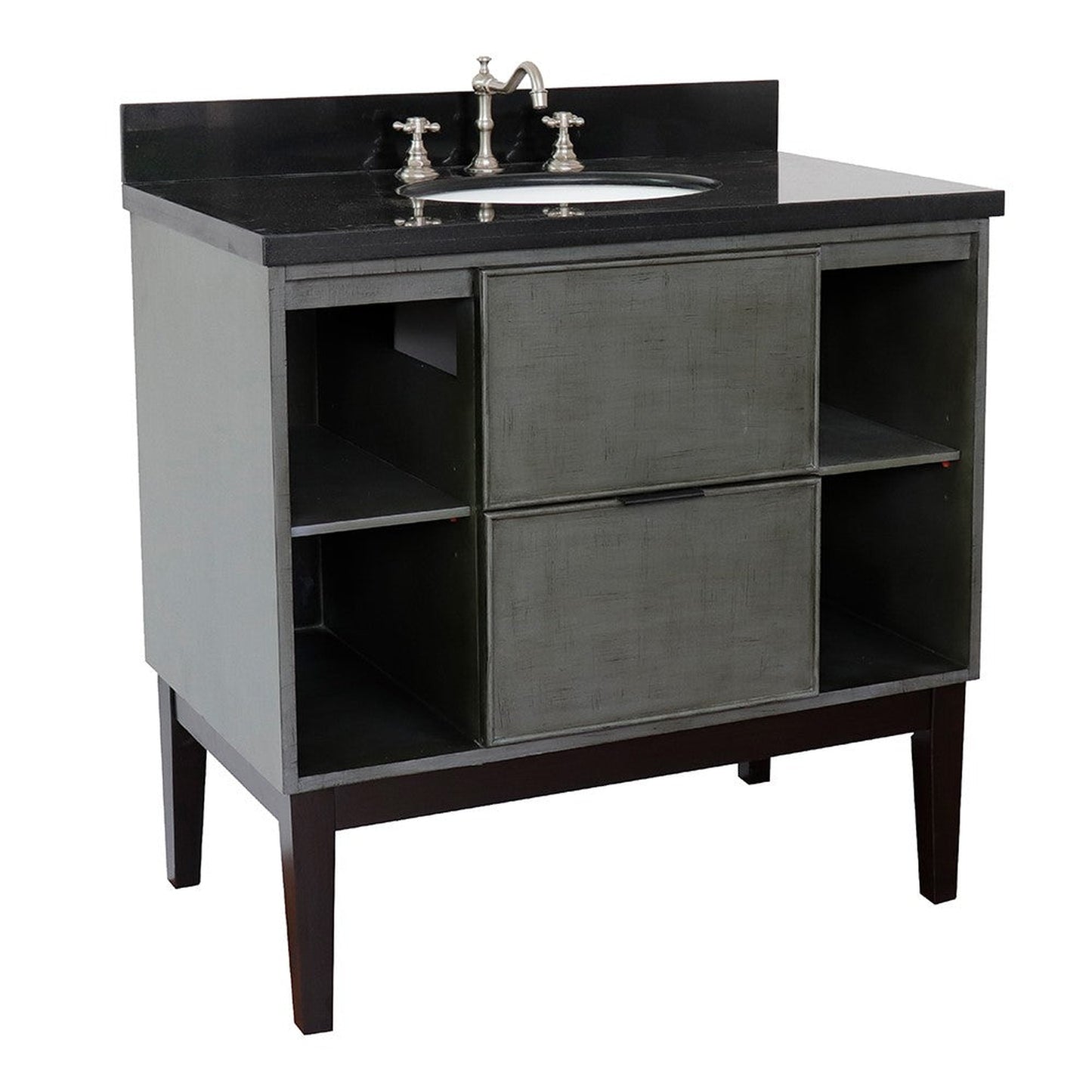 Bellaterra Home Paris Exposed 37" 1-Drawer Linen Gray Freestanding Vanity Set With Ceramic Undermount Oval Sink and Black Galaxy Top