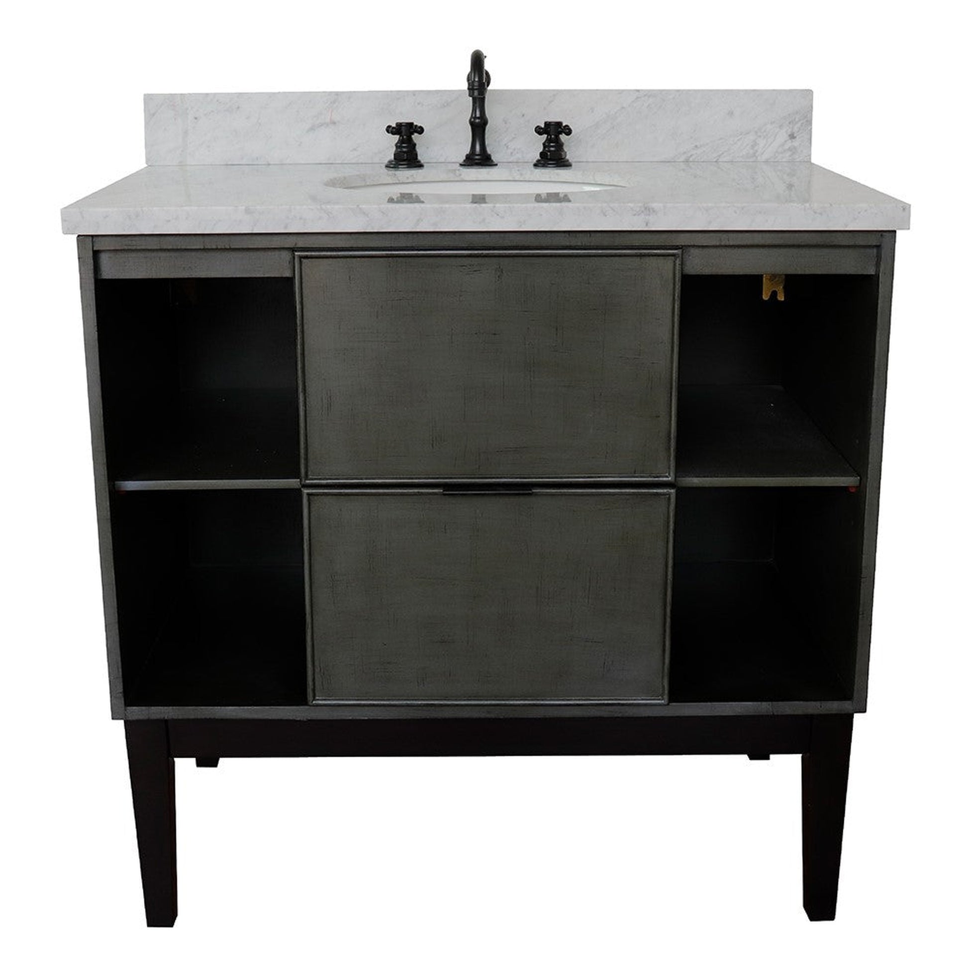 Bellaterra Home Paris Exposed 37" 1-Drawer Linen Gray Freestanding Vanity Set With Ceramic Undermount Oval Sink and White Carrara Marble Top