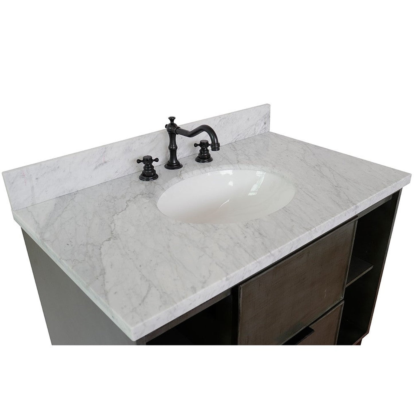 Bellaterra Home Paris Exposed 37" 1-Drawer Linen Gray Freestanding Vanity Set With Ceramic Undermount Oval Sink and White Carrara Marble Top