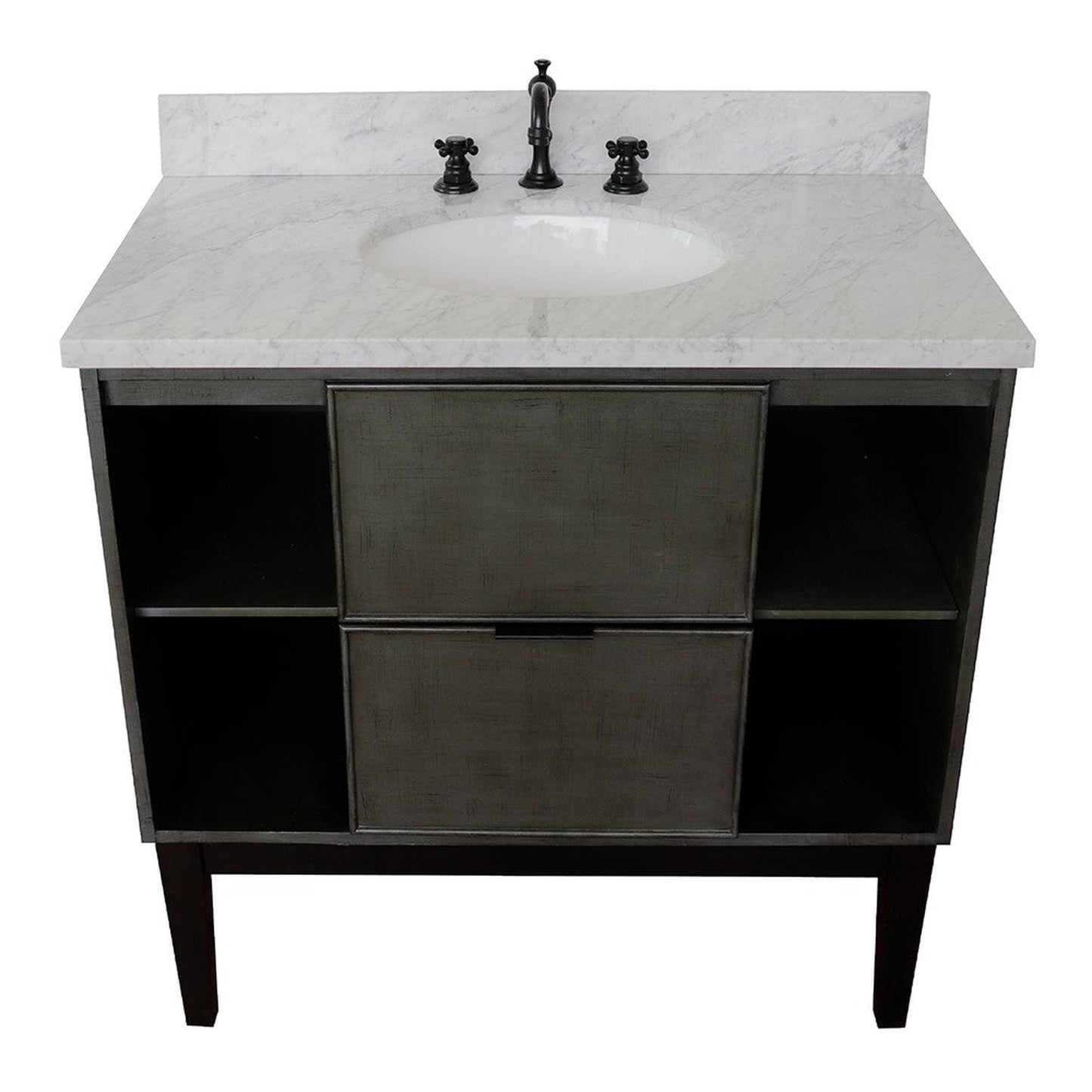 Bellaterra Home Paris Exposed 37" 1-Drawer Linen Gray Freestanding Vanity Set With Ceramic Undermount Oval Sink and White Carrara Marble Top