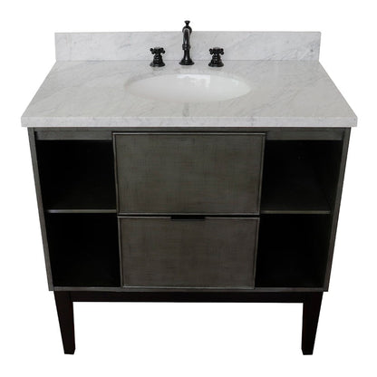 Bellaterra Home Paris Exposed 37" 1-Drawer Linen Gray Freestanding Vanity Set With Ceramic Undermount Oval Sink and White Carrara Marble Top