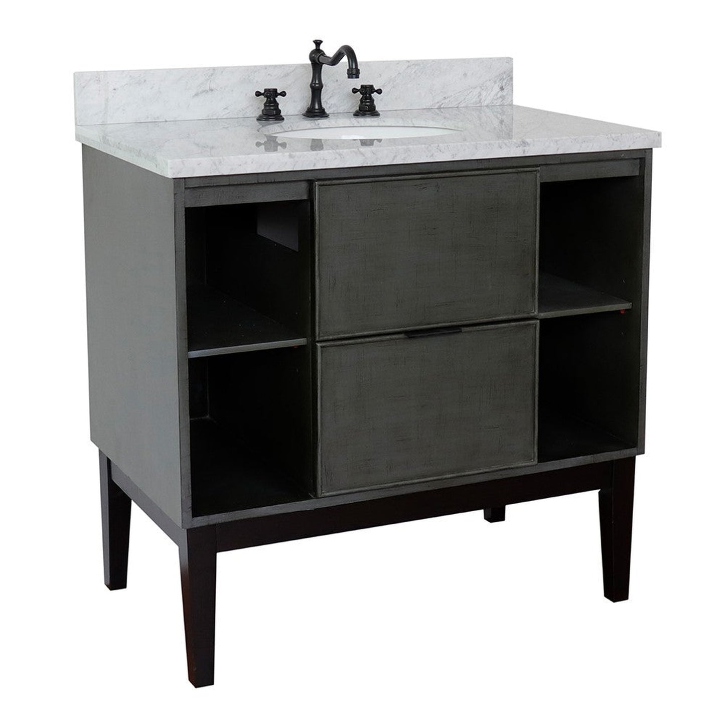 Bellaterra Home Paris Exposed 37" 1-Drawer Linen Gray Freestanding Vanity Set With Ceramic Undermount Oval Sink and White Carrara Marble Top