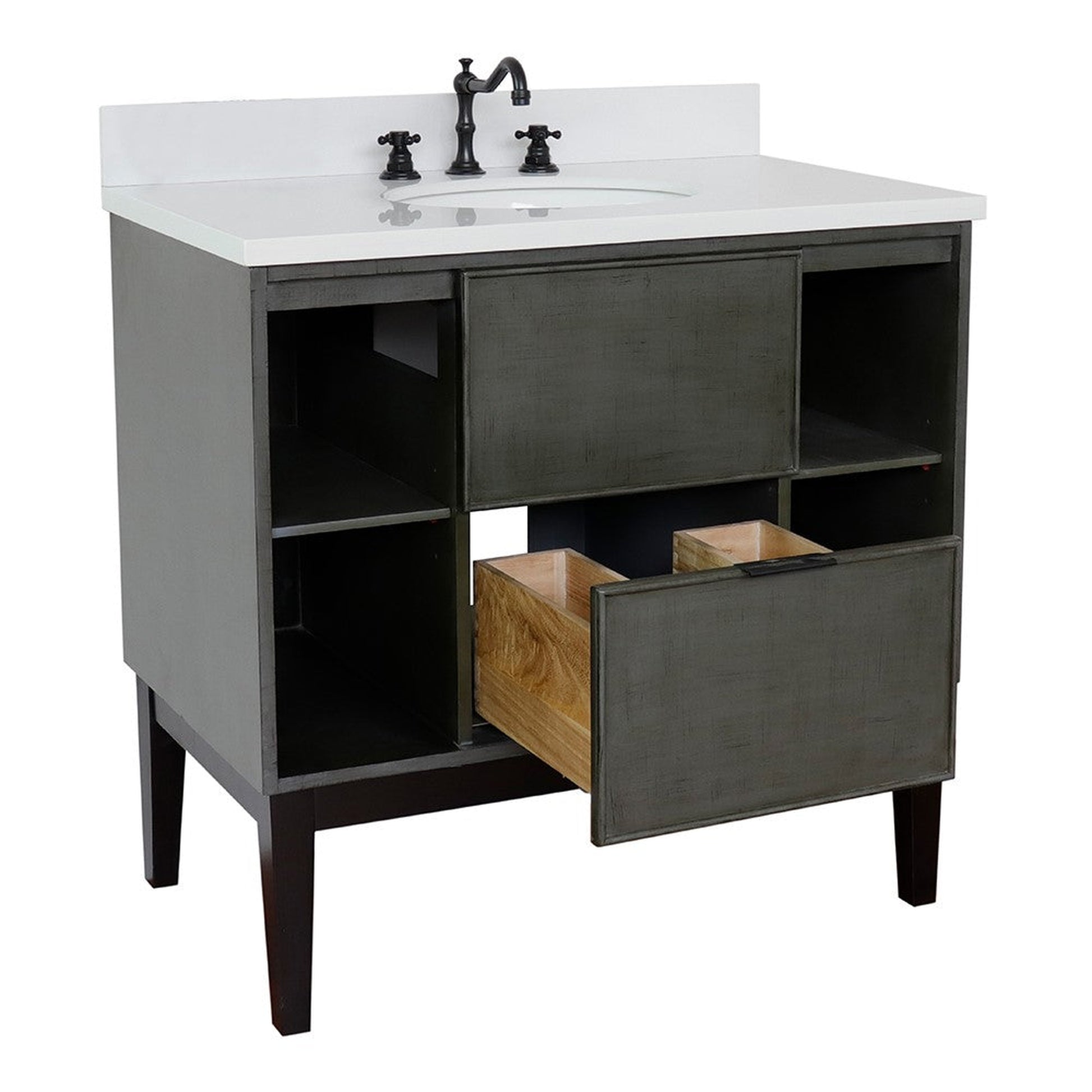 Bellaterra Home Paris Exposed 37" 1-Drawer Linen Gray Freestanding Vanity Set With Ceramic Undermount Oval Sink and White Quartz Top