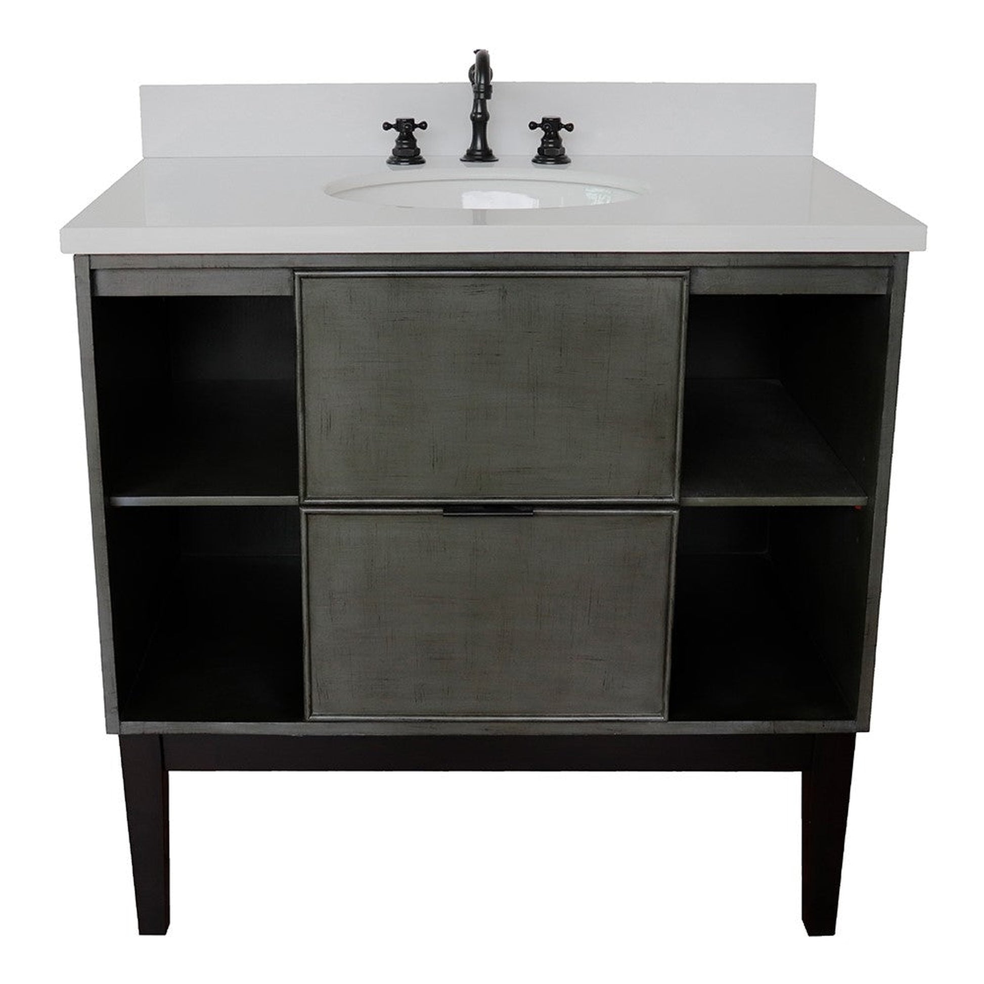 Bellaterra Home Paris Exposed 37" 1-Drawer Linen Gray Freestanding Vanity Set With Ceramic Undermount Oval Sink and White Quartz Top