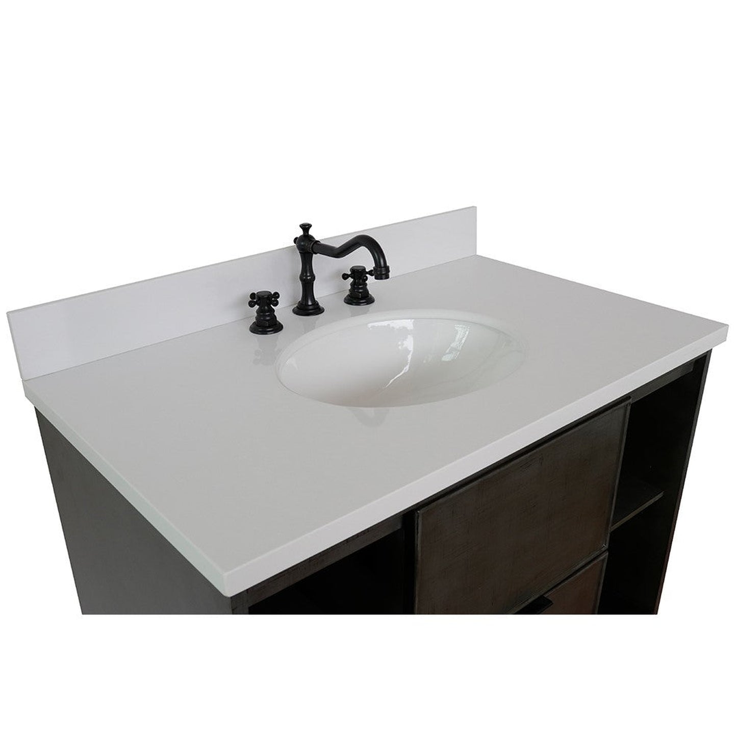 Bellaterra Home Paris Exposed 37" 1-Drawer Linen Gray Freestanding Vanity Set With Ceramic Undermount Oval Sink and White Quartz Top