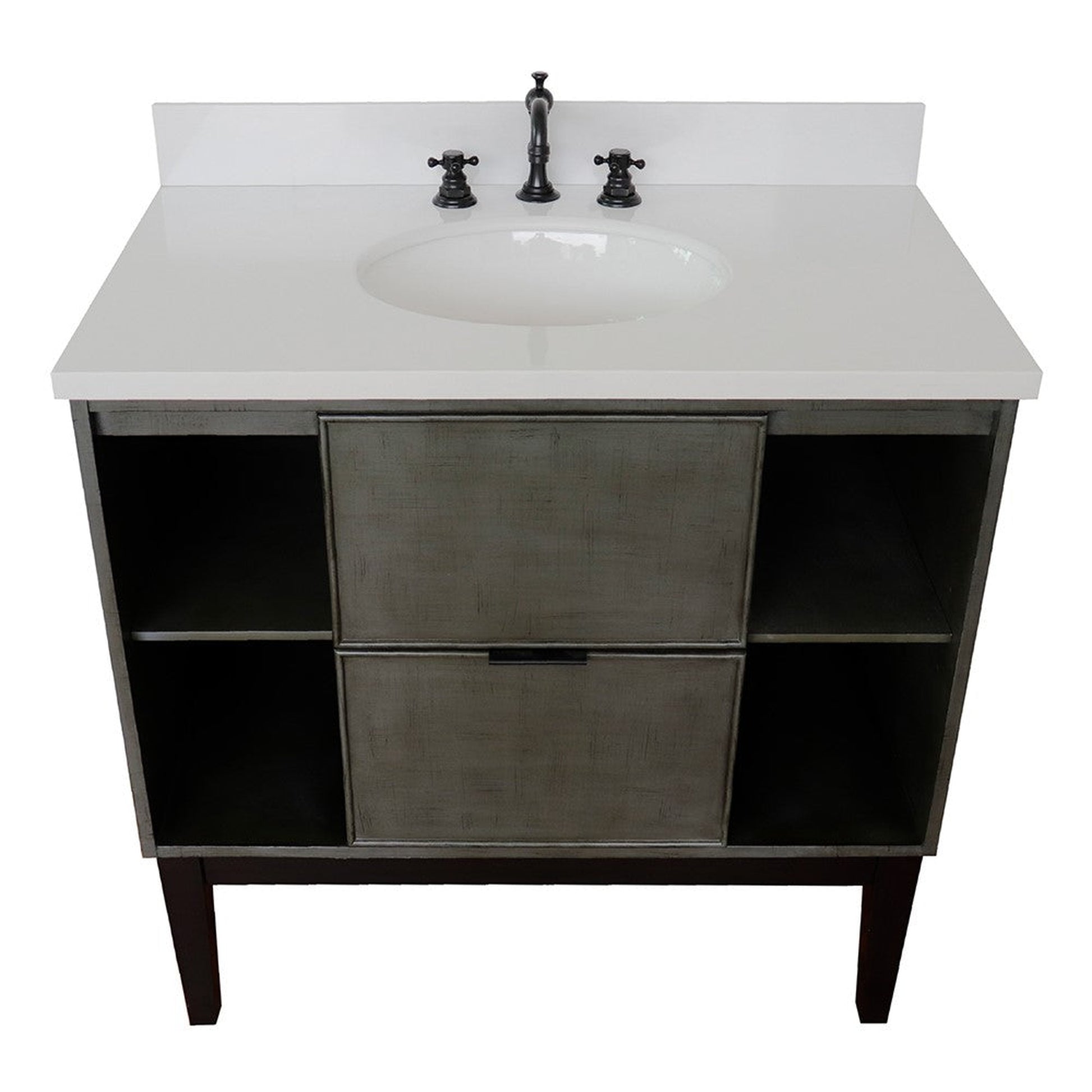 Bellaterra Home Paris Exposed 37" 1-Drawer Linen Gray Freestanding Vanity Set With Ceramic Undermount Oval Sink and White Quartz Top