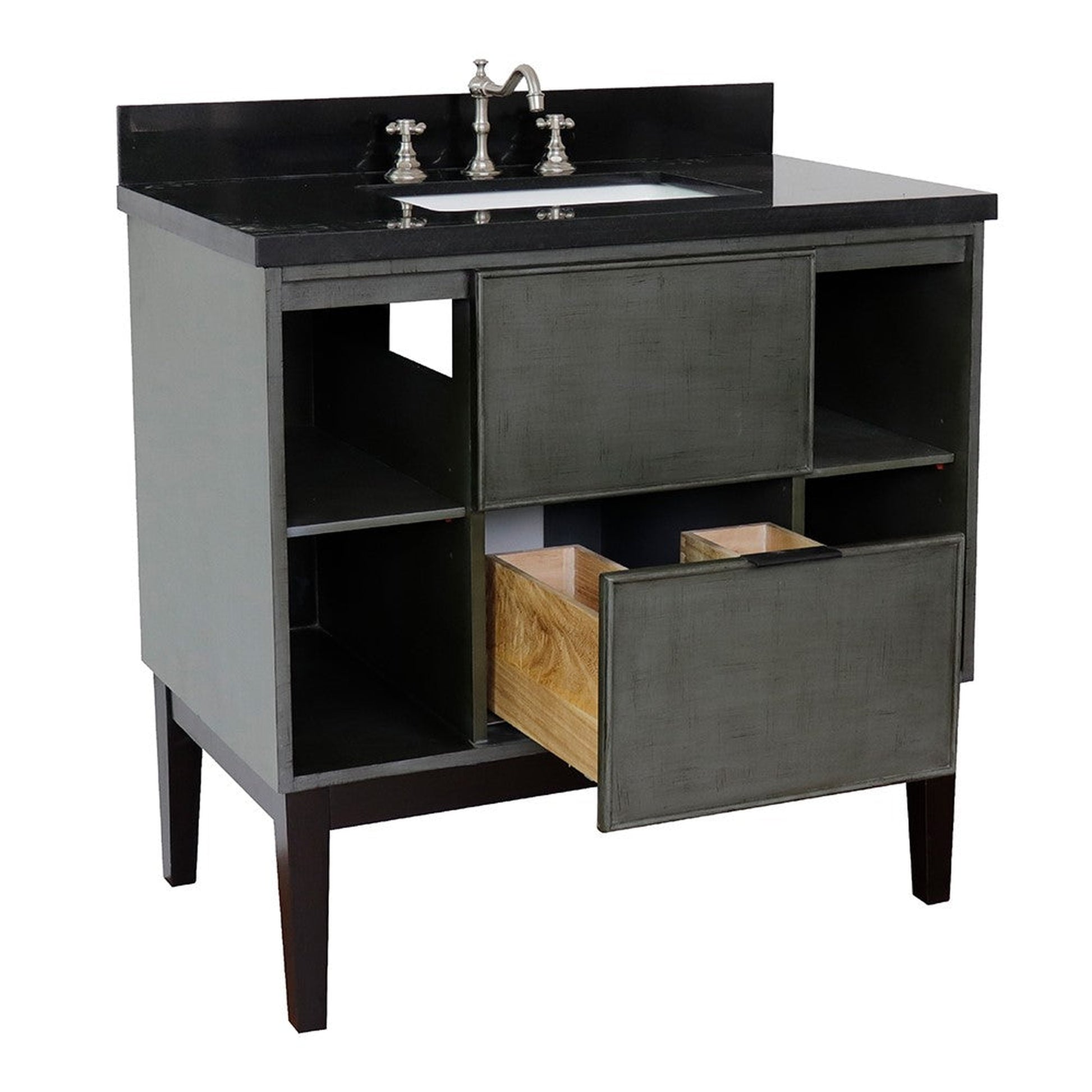 Bellaterra Home Paris Exposed 37" 1-Drawer Linen Gray Freestanding Vanity Set With Ceramic Undermount Rectangular Sink and Black Galaxy Top