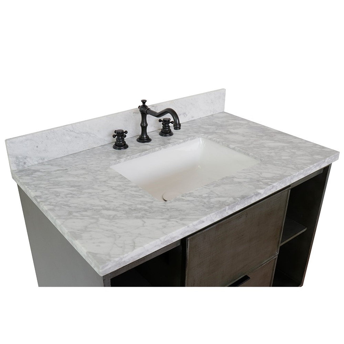 Bellaterra Home Paris Exposed 37" 1-Drawer Linen Gray Freestanding Vanity Set With Ceramic Undermount Rectangular Sink and White Carrara Marble Top