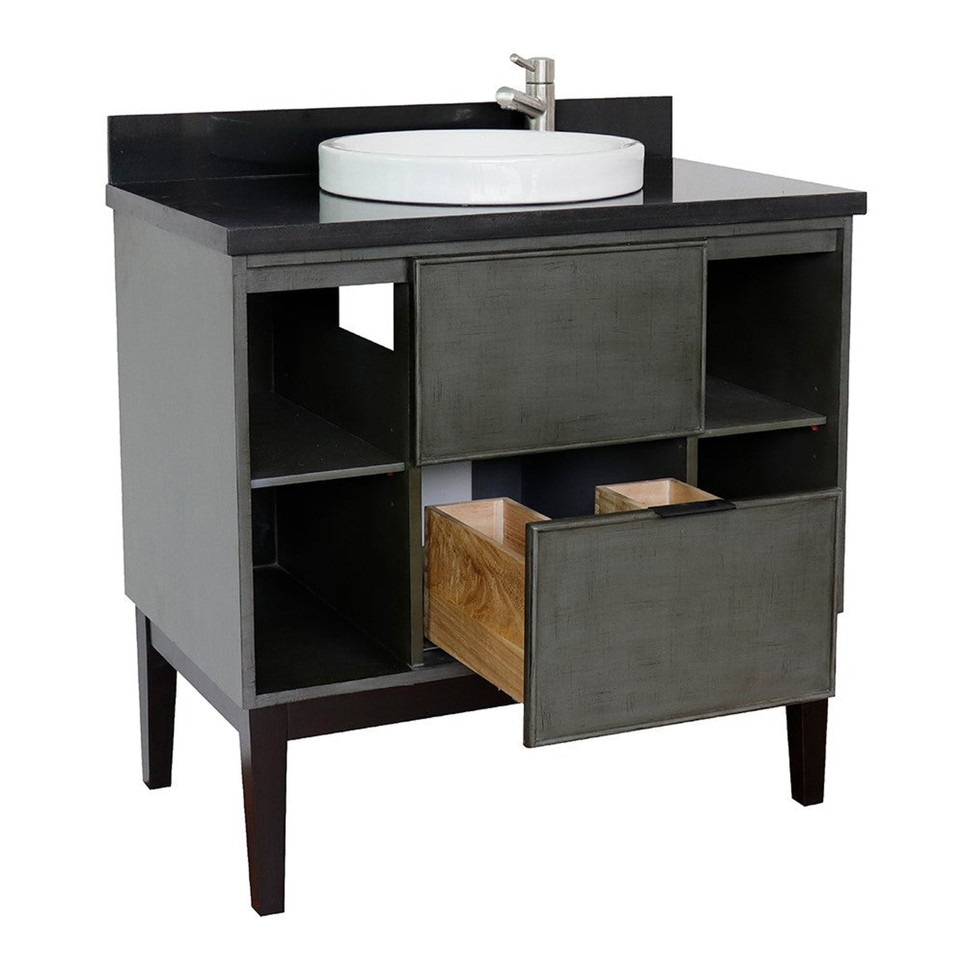 Bellaterra Home Paris Exposed 37" 1-Drawer Linen Gray Freestanding Vanity Set With Ceramic Vessel Sink and Black Galaxy Top