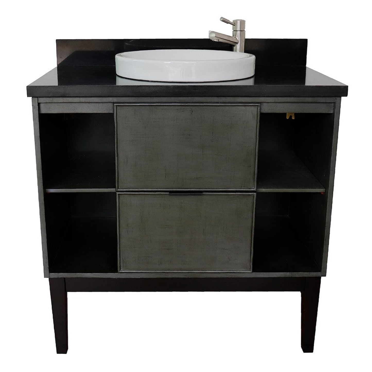 Bellaterra Home Paris Exposed 37" 1-Drawer Linen Gray Freestanding Vanity Set With Ceramic Vessel Sink and Black Galaxy Top