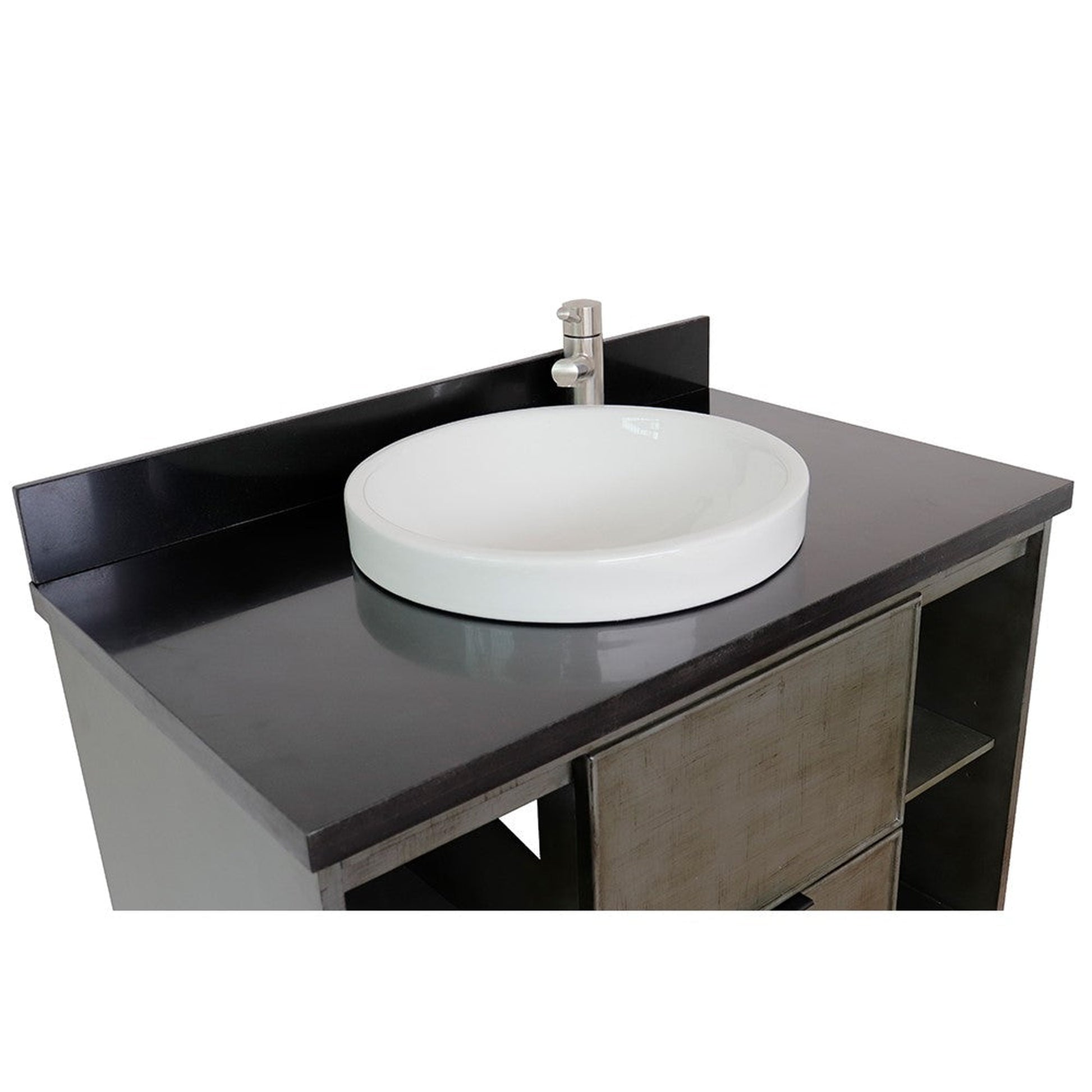 Bellaterra Home Paris Exposed 37" 1-Drawer Linen Gray Freestanding Vanity Set With Ceramic Vessel Sink and Black Galaxy Top