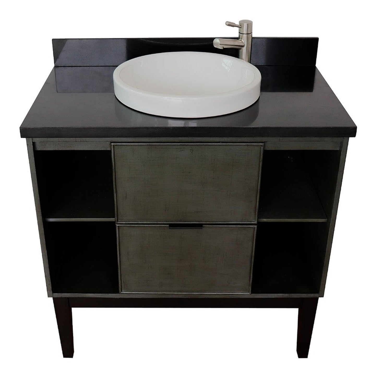 Bellaterra Home Paris Exposed 37" 1-Drawer Linen Gray Freestanding Vanity Set With Ceramic Vessel Sink and Black Galaxy Top