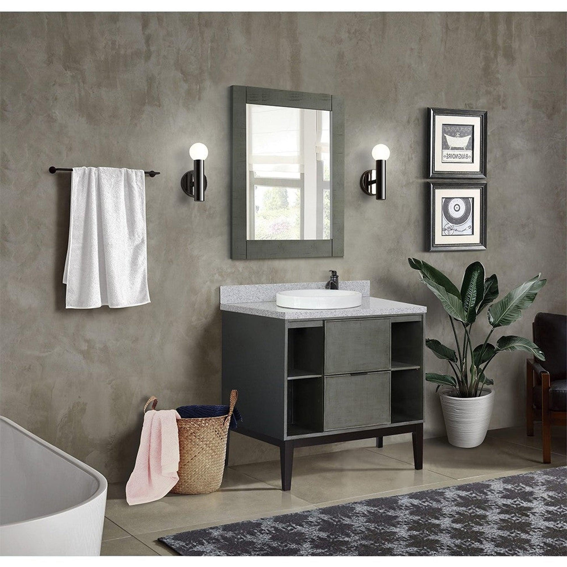 Bellaterra Home Paris Exposed 37" 1-Drawer Linen Gray Freestanding Vanity Set With Ceramic Vessel Sink and Gray Granite Top