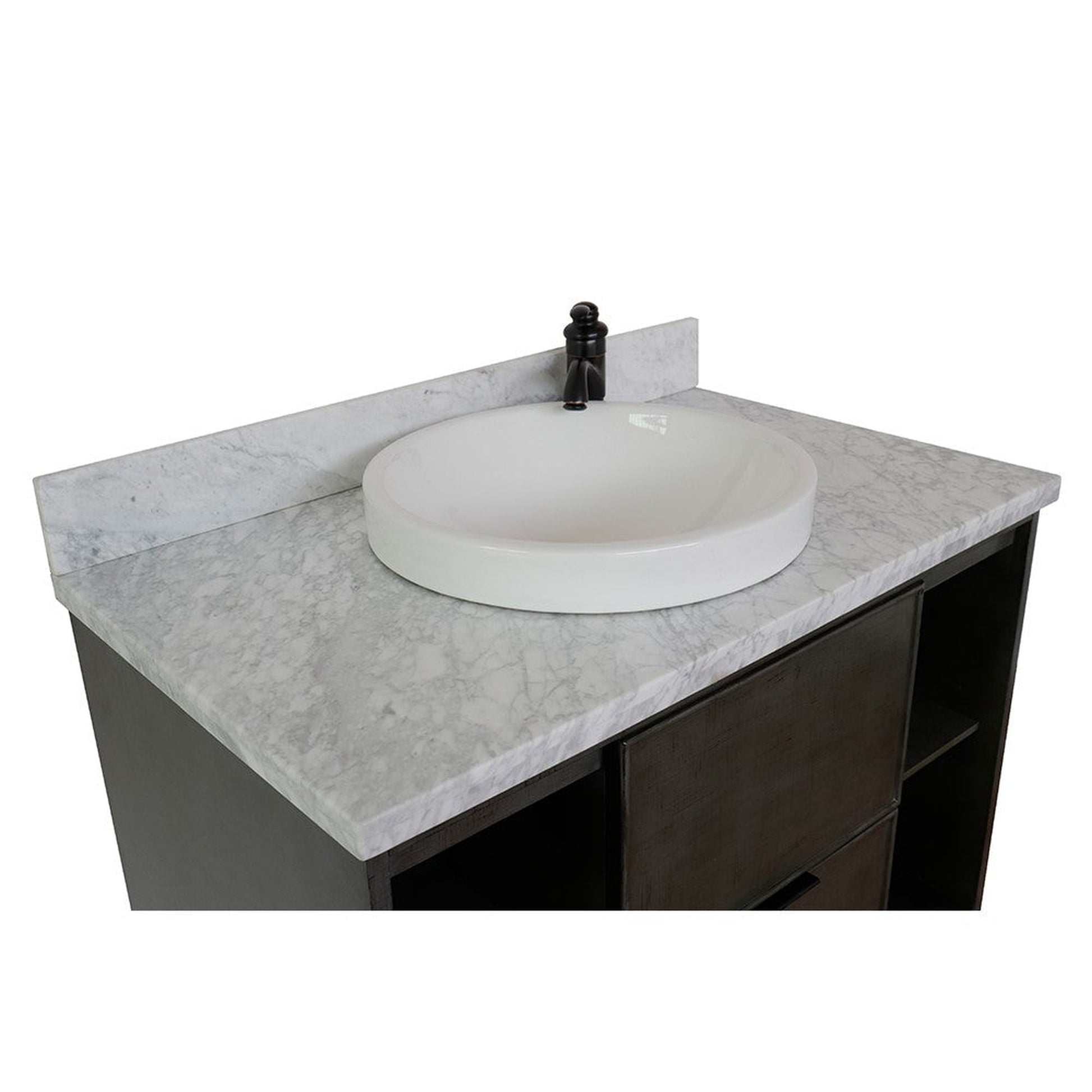 Bellaterra Home Paris Exposed 37" 1-Drawer Linen Gray Freestanding Vanity Set With Ceramic Vessel Sink and White Carrara Marble Top