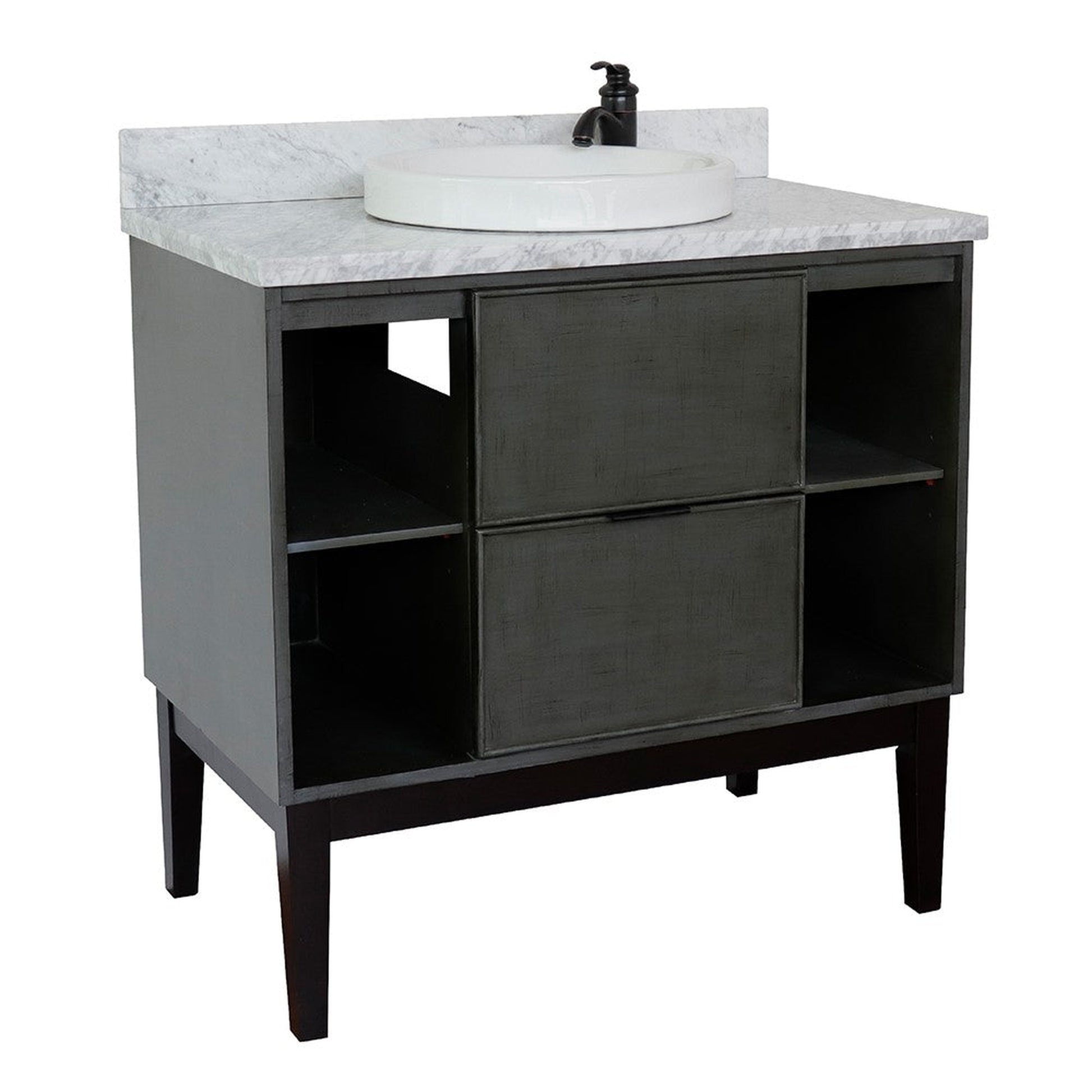 Bellaterra Home Paris Exposed 37" 1-Drawer Linen Gray Freestanding Vanity Set With Ceramic Vessel Sink and White Carrara Marble Top