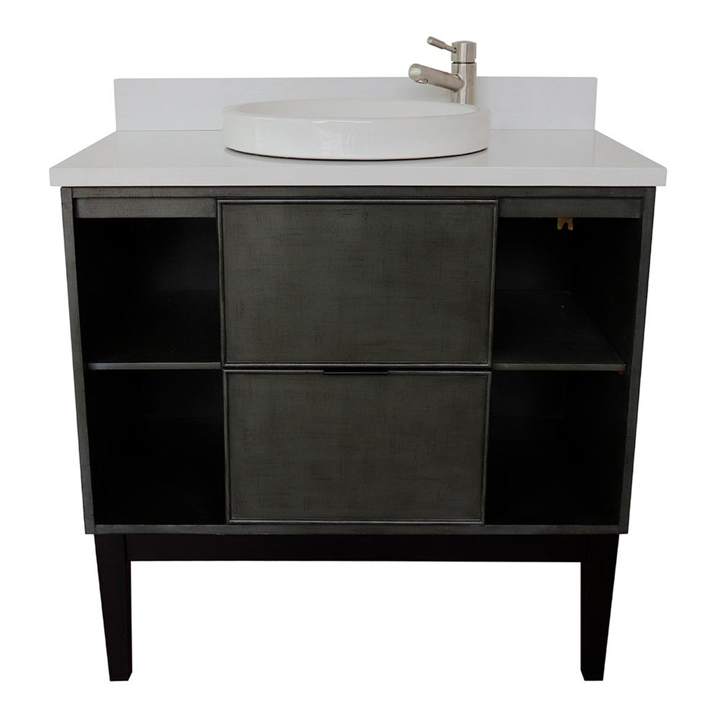 Bellaterra Home Paris Exposed 37" 1-Drawer Linen Gray Freestanding Vanity Set With Ceramic Vessel Sink and White Quartz Top