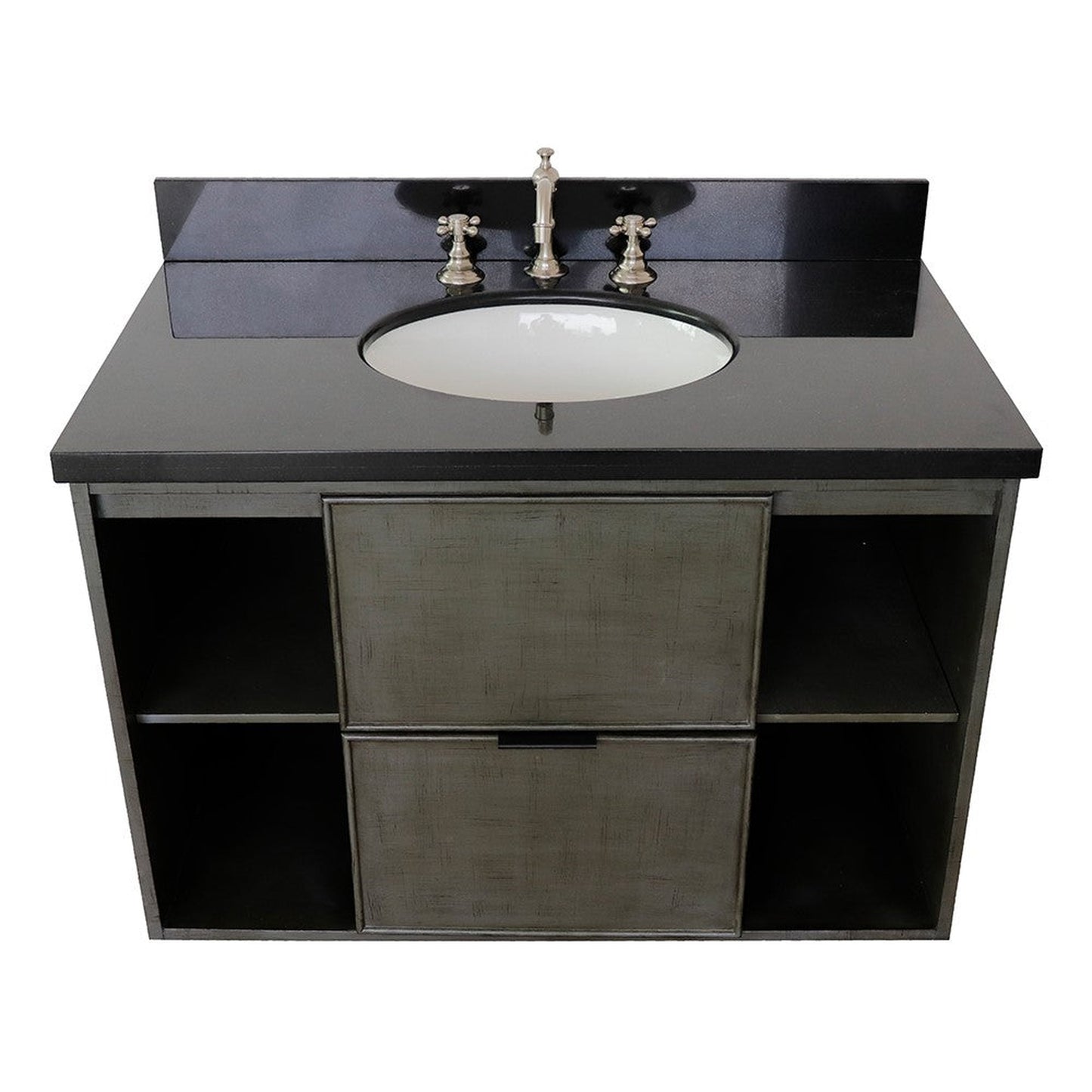 Bellaterra Home Paris Exposed 37" 1-Drawer Linen Gray Wall-Mount Vanity Set With Ceramic Undermount Oval Sink and Black Galaxy Top