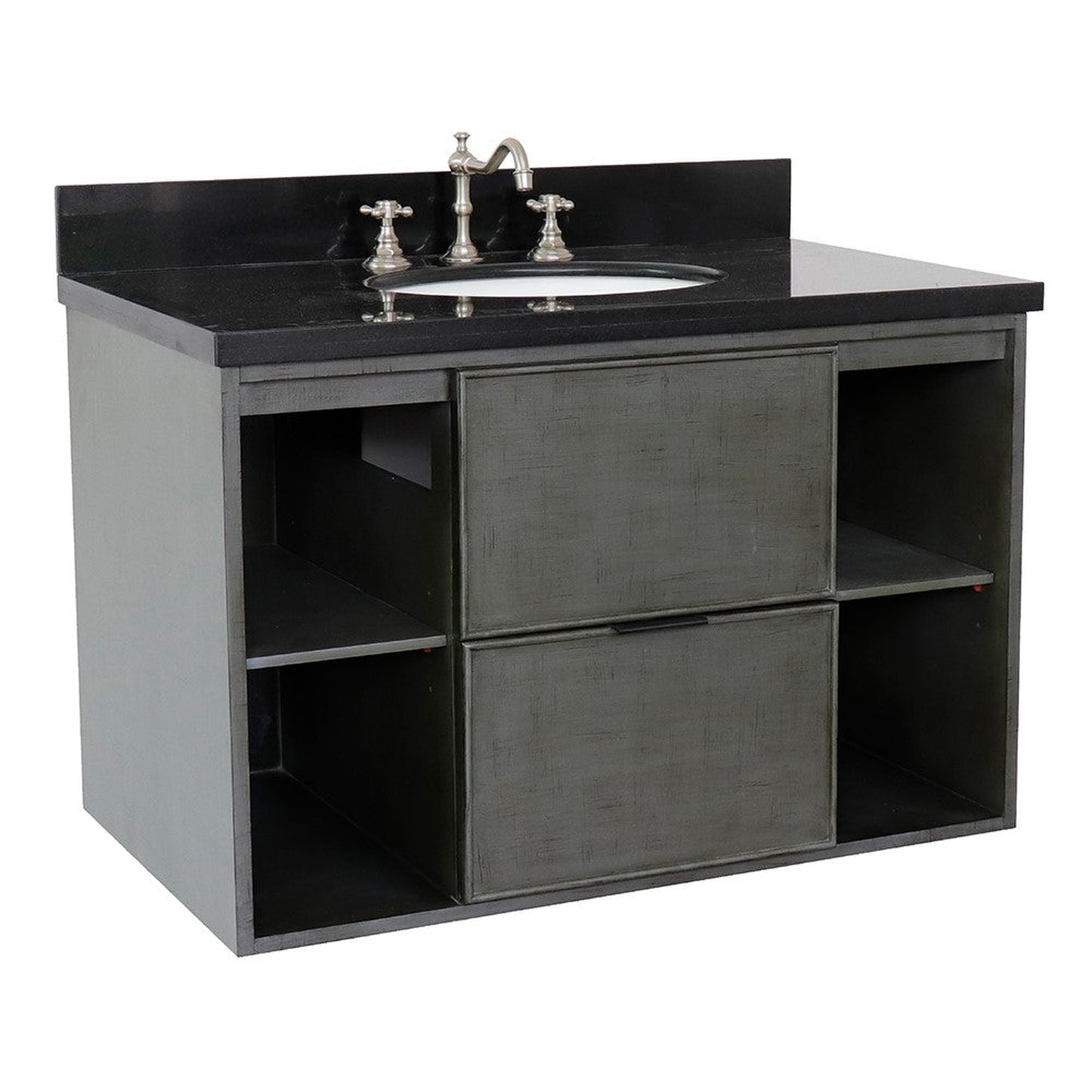Bellaterra Home Paris Exposed 37" 1-Drawer Linen Gray Wall-Mount Vanity Set With Ceramic Undermount Oval Sink and Black Galaxy Top