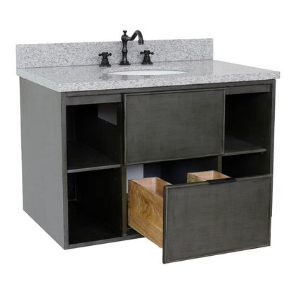 Bellaterra Home Paris Exposed 37" 1-Drawer Linen Gray Wall-Mount Vanity Set With Ceramic Undermount Oval Sink and Gray Granite Top